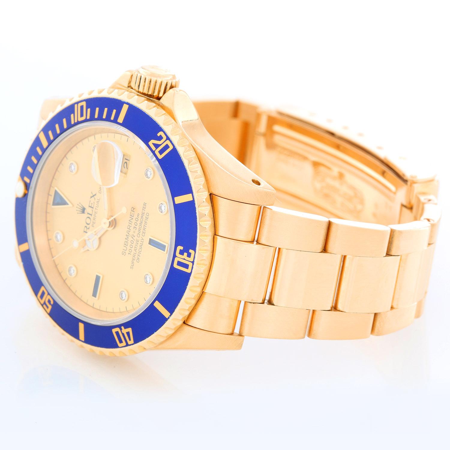 Baguette Cut Rolex Yellow Gold Submariner Blue Bezel Champagne Dial Automatic Wristwatch