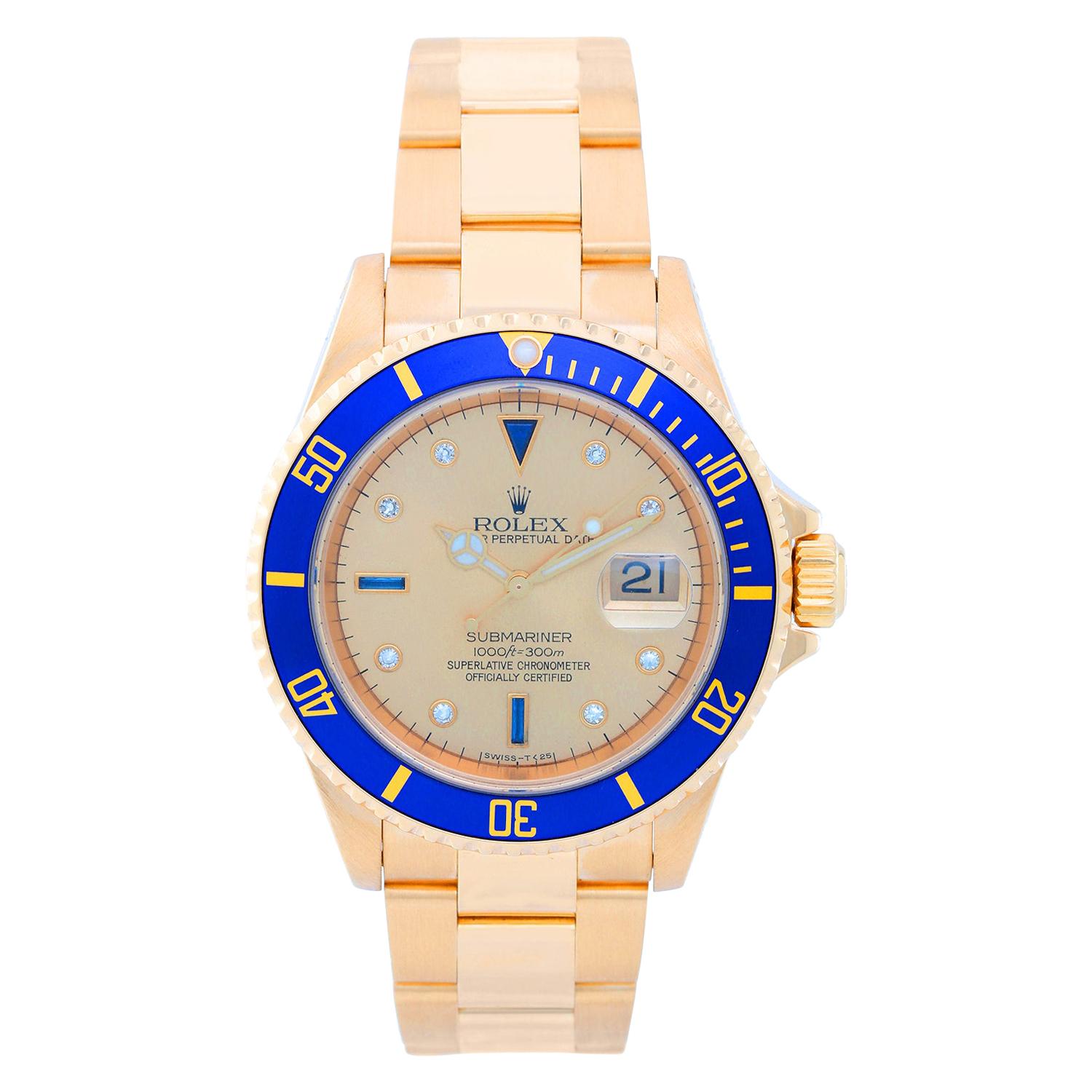 Rolex Yellow Gold Submariner Blue Bezel Champagne Dial Automatic Wristwatch