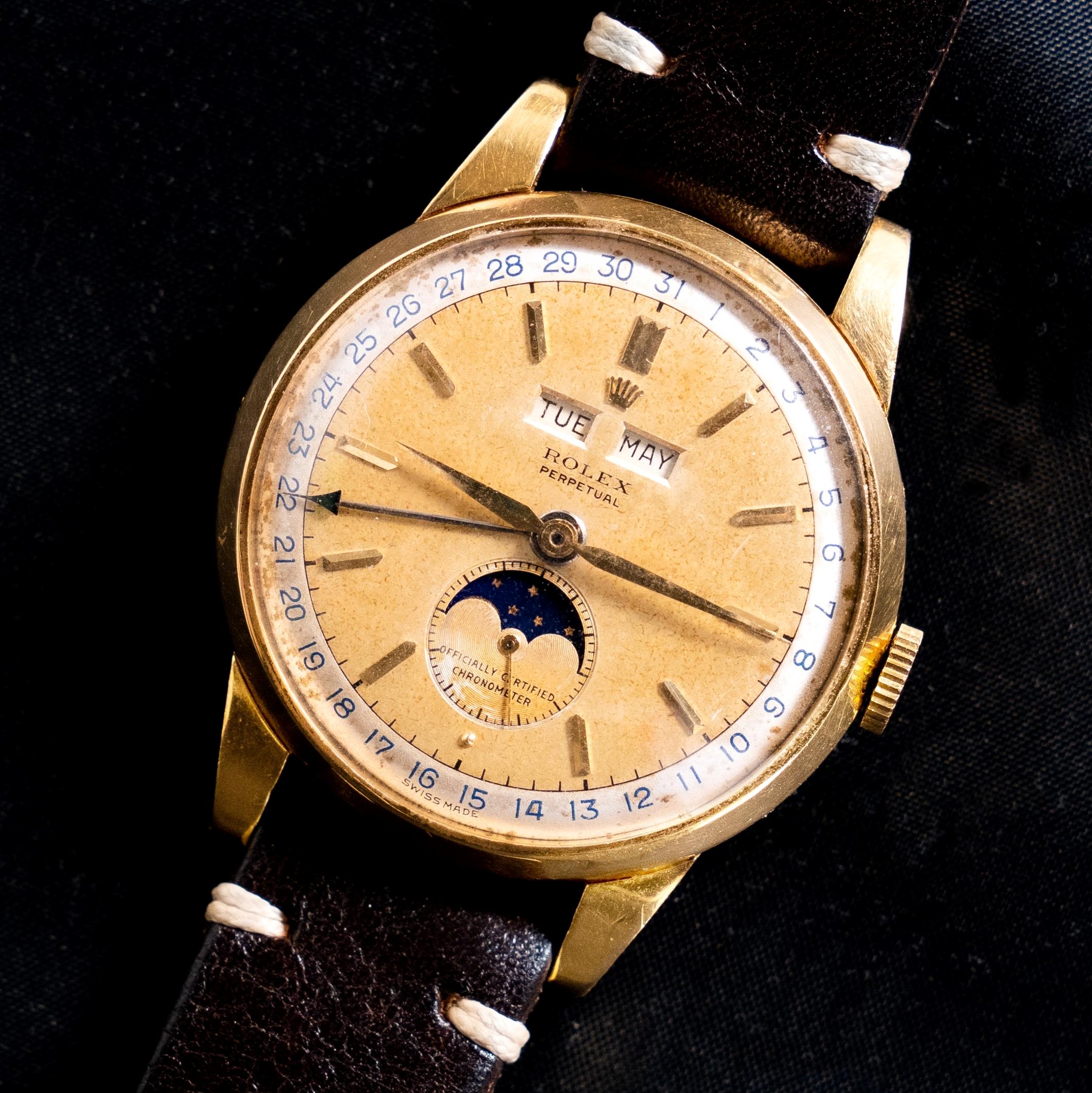 Marke: Vintage By Rolex
Modell: 8171
Jahr: 1950
Seriennummer: 71xxxx
Referenz: OT1852

Die Rolex Referenz 8171, die für einen kurzen Zeitraum von 1949 bis 1952 hergestellt wurde, ist einer der kompliziertesten Zeitmesser von Rolex. Neben der