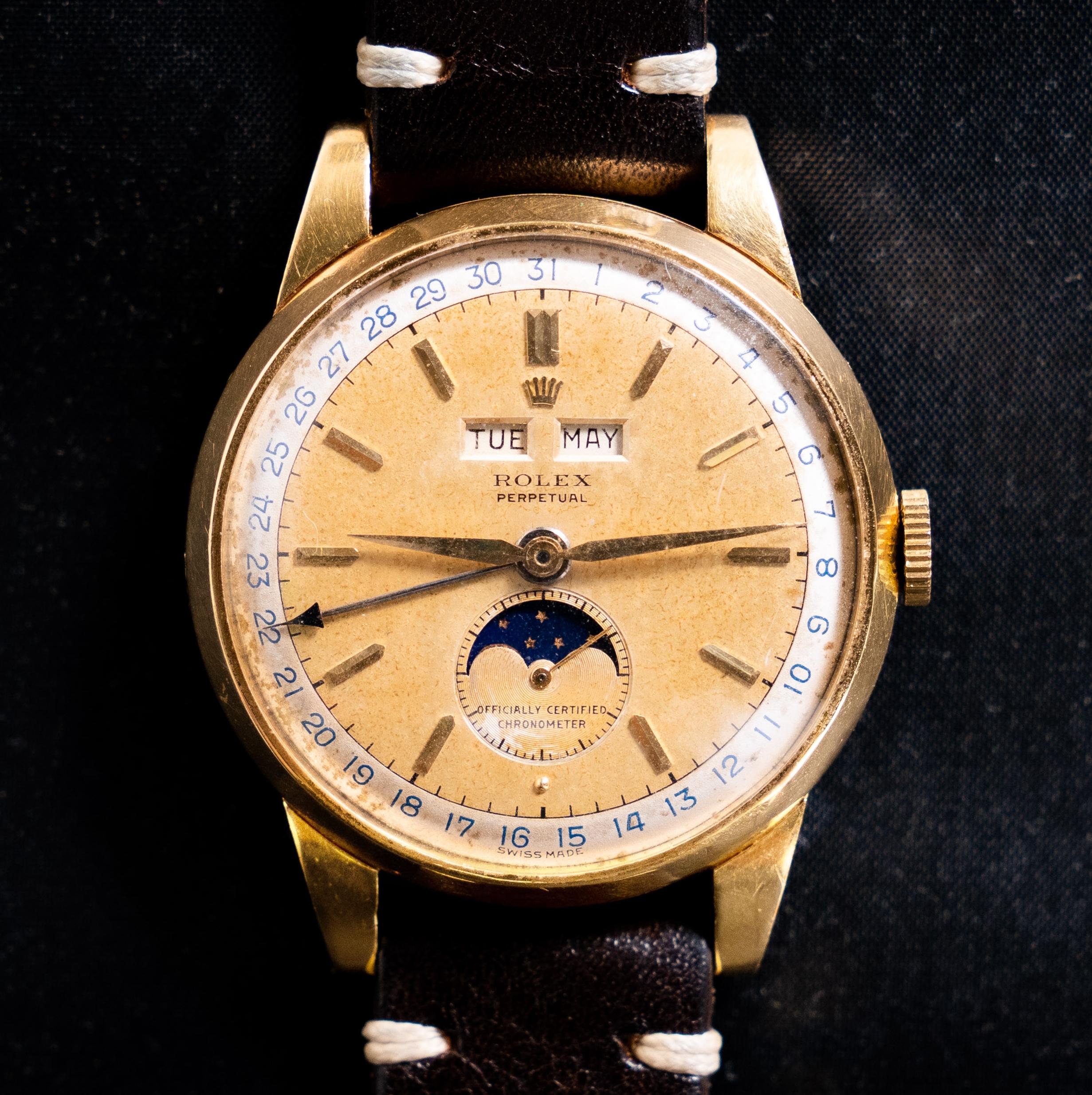 Rolex Gelbgold Dreifachdatum Kalender Mondphase Automatikuhr 8171, 1950 im Zustand „Gut“ im Angebot in Central & Western District, HK