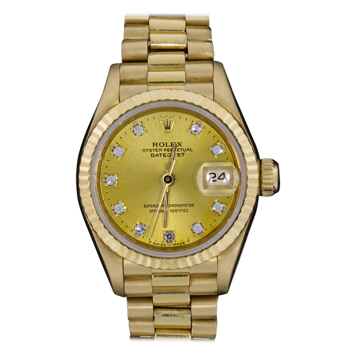 Rolex Yellow Gold Ladies President Diamond Dial Watch For Sale