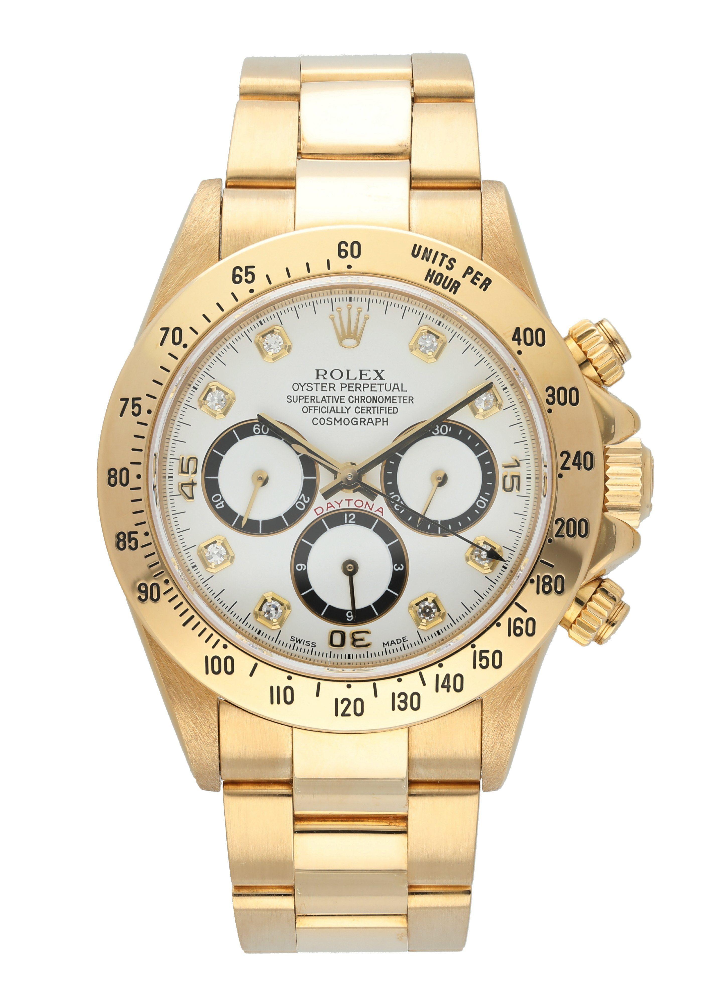 Rolex  Zenith Daytona Inverted Six 16528 Yellow Gold.
40mm 18k Yellow Gold case. 
Yellow Gold Tachyemter bezel. 
White dial with gold hands and factory set diamond hour markers. 
Rare INVERTED 6 dial
Yellow Gold Bracelet with Fold Over Clasp and