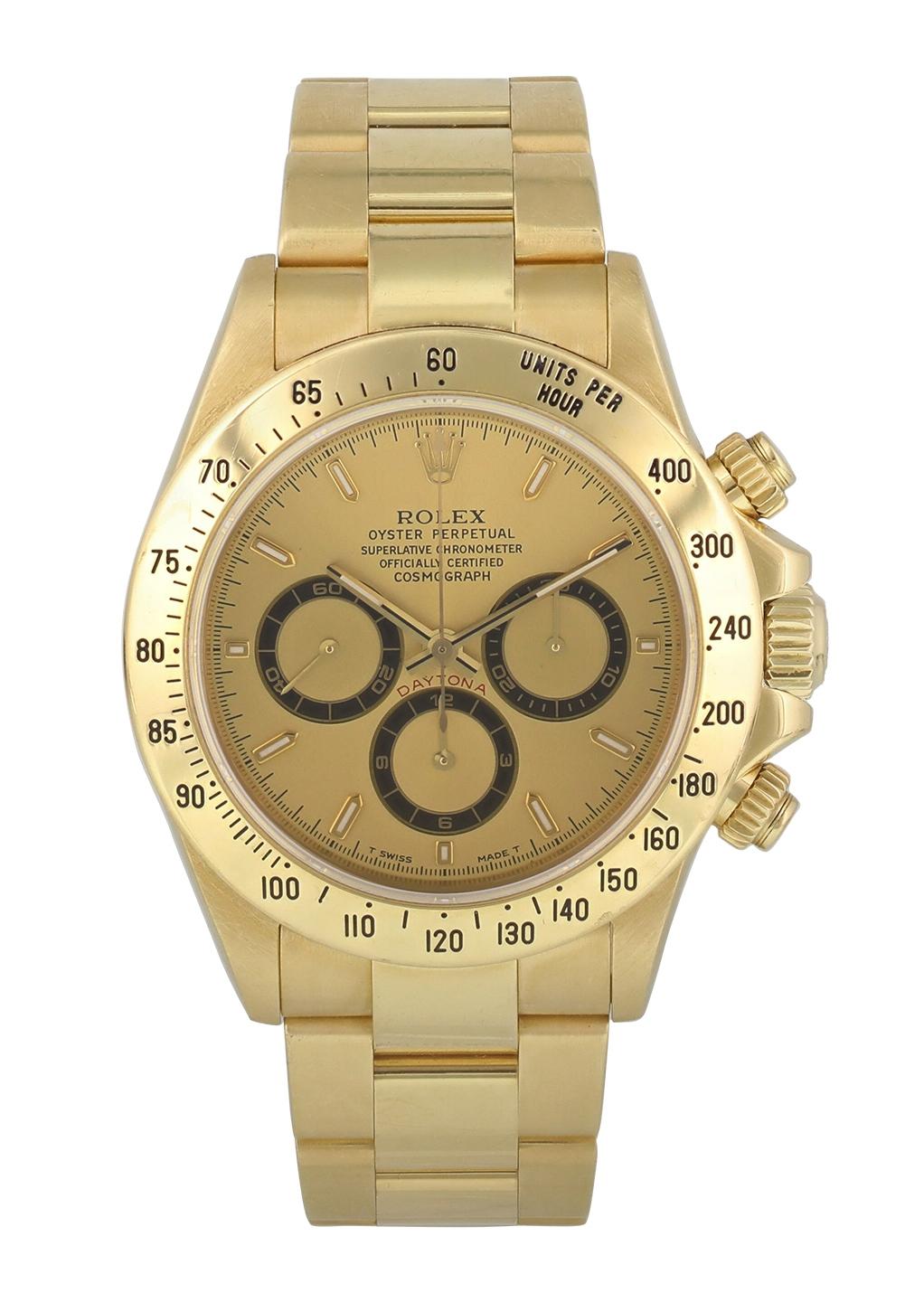 Rolex Zenith Daytona 16528 Mens Watch. 
40mm 18k Yellow Gold case. 
Yellow Gold Stationary bezel. 
Champagne dial with Luminous gold hands and index hour markers. 
Minute markers on the outer dial. 
Yellow Gold Bracelet with Fold Over Clasp. 
Will