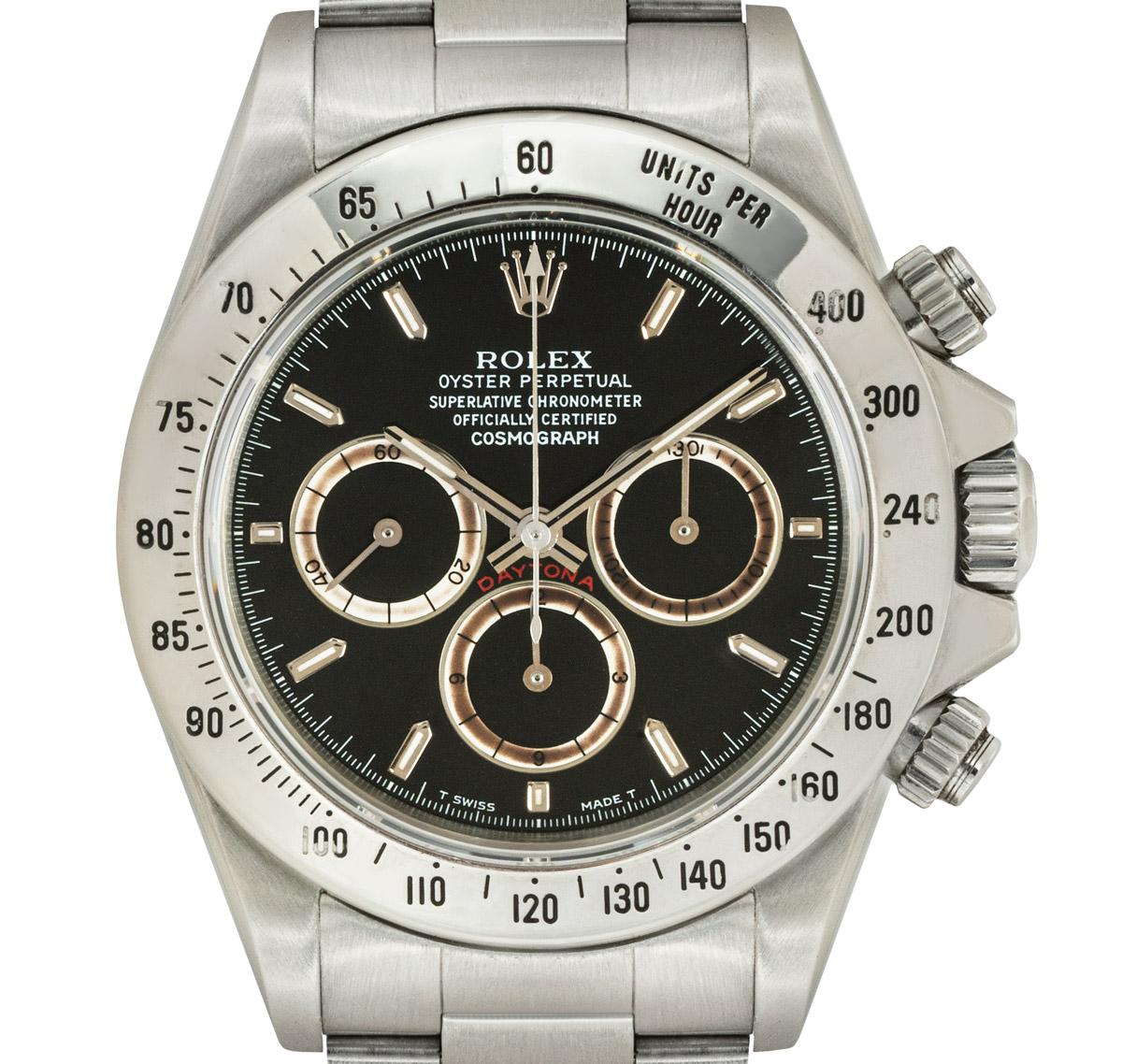 A rare stainless steel Zenith Daytona by Rolex. Featuring an extremely divisive and unique patrizzi dial. The watch further features an engraved tachymetric scale, three chronograph counters and pushers, the Daytona was designed to be the ultimate