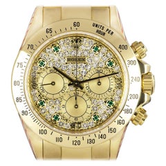 Retro Rolex Zenith Movement Cosmograph Daytona Gold Pave Diamond and Emerald Set Watch