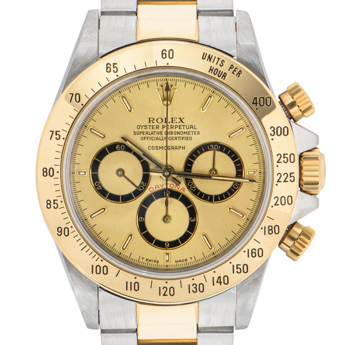 A Rare Stainless Steel and 18k Yellow Gold Oyster Perpetual Zenith Movement Cosmograph Daytona Men's Wristwatch, rare Mark I floating champagne dial with applied hour markers, 30-minute recorder at 30'clock, 12-hour recorder with inverted 6at