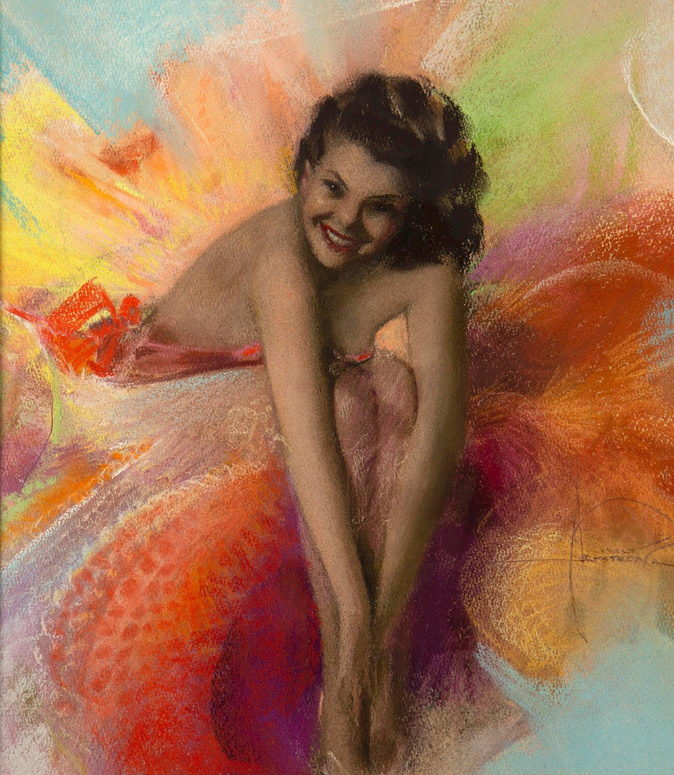 This is a fun, c. 1950, unpublished pastel illustration by the Father of American Pin-Up, Rolf Armstrong. This well-rendered whimsical sketch features the artist's muse and lifelong friend Jewel Flowers in an ethereal gown bursting with a