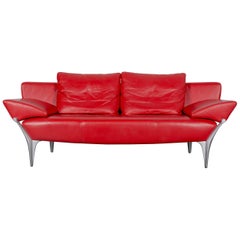 Rolf Benz 1600 Designer Leather Sofa Red Three-Seat Couch