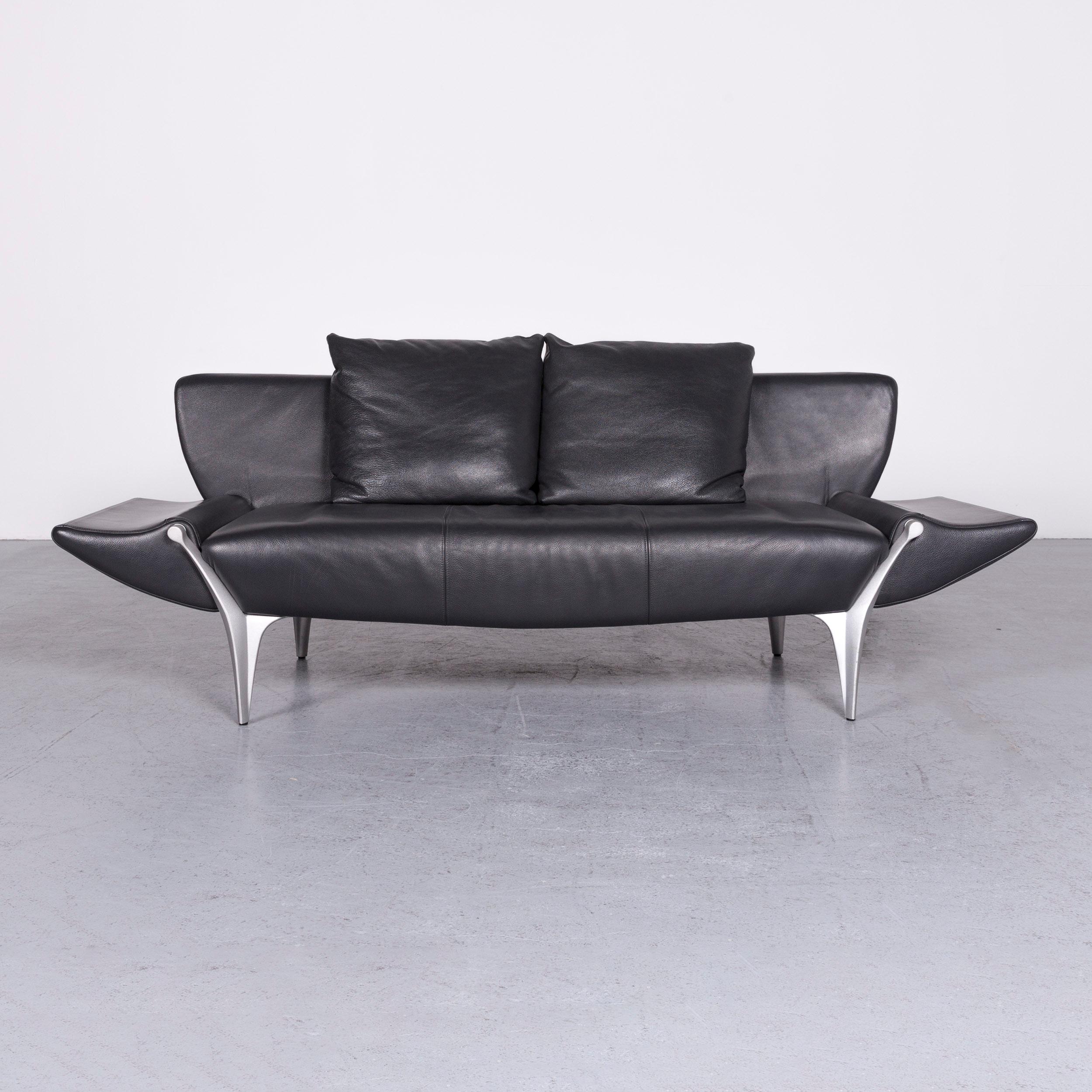 Rolf Benz 1600 Designer Leather Sofa Set Black Two-Seat Three-Seat Couch In Good Condition In Cologne, DE