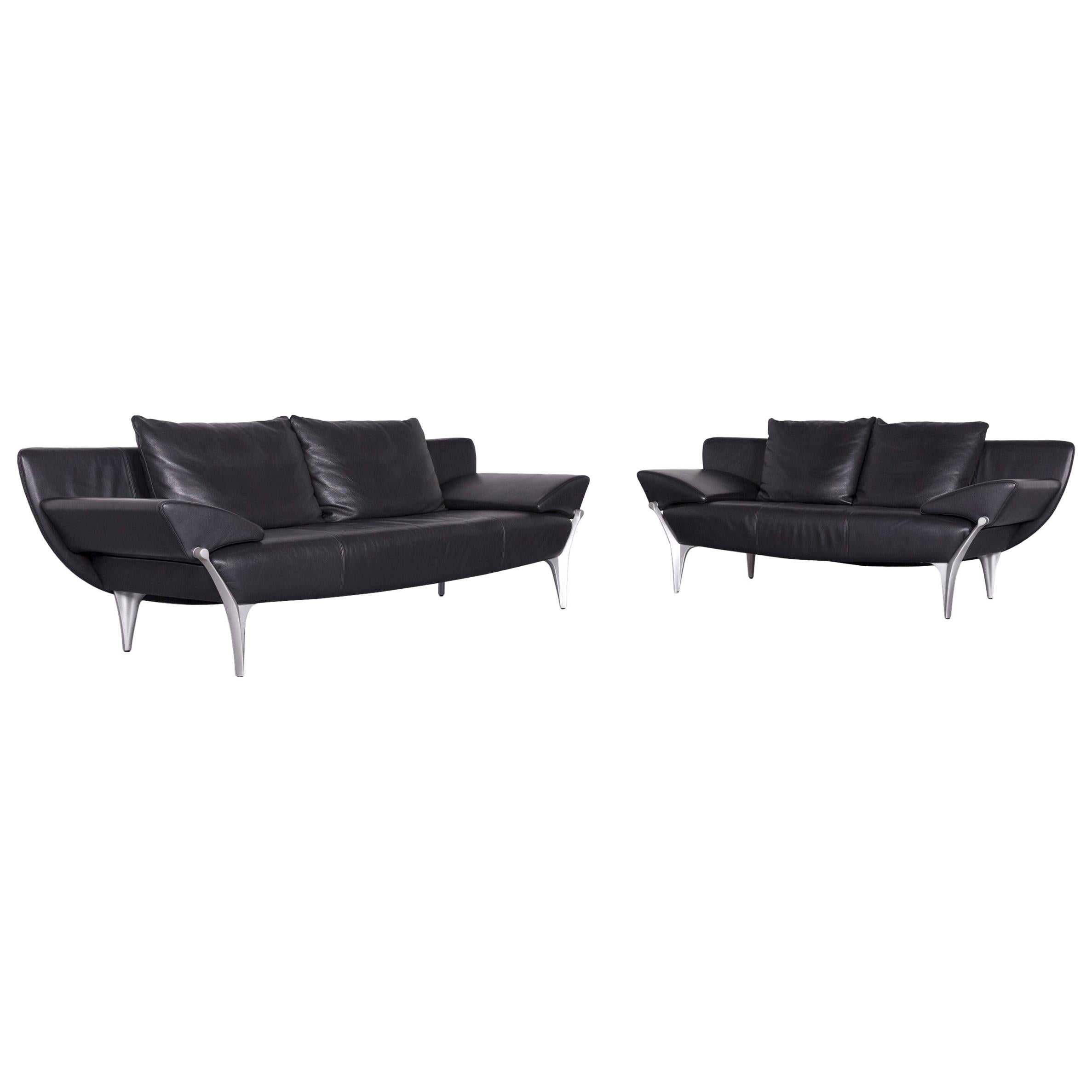 Rolf Benz 1600 Designer Leather Sofa Set Black Two-Seat Three-Seat Couch