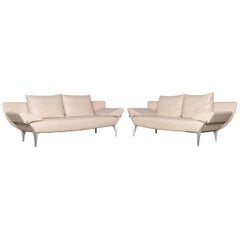 Rolf Benz 1600 Designer Leather Sofa Set Crème Three-Seat Couch