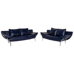 Rolf Benz 1600 Leather Sofa Set Blue Dark Blue Two-Seat Function Couch