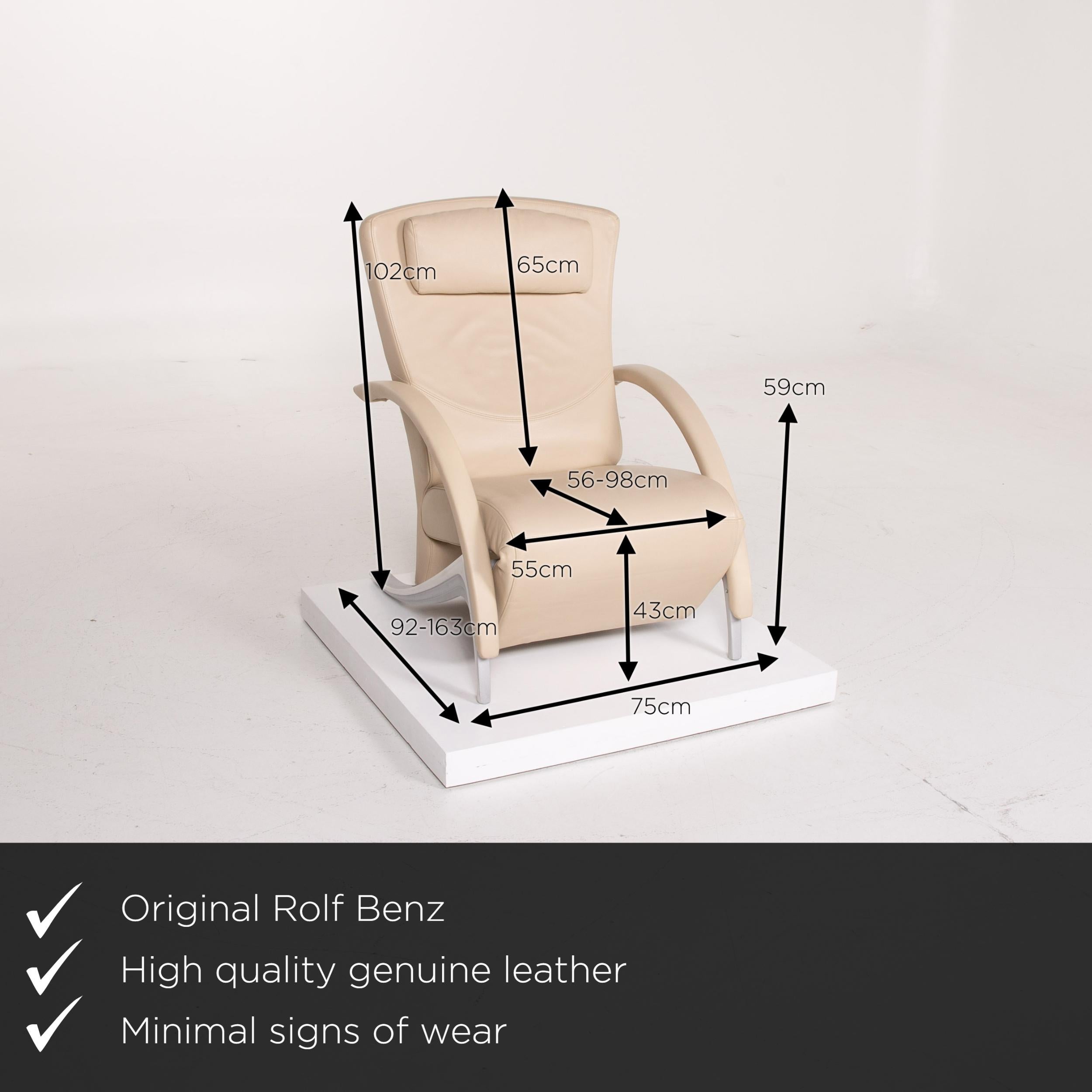 We present to you a Rolf Benz 3100 leather armchair cream lounger.
 
 

 Product measurements in centimeters:
 

Depth 92
Width 75
Height 102
Seat height 43
Rest height 59
Seat depth 56
Seat width 55
Back height 65.