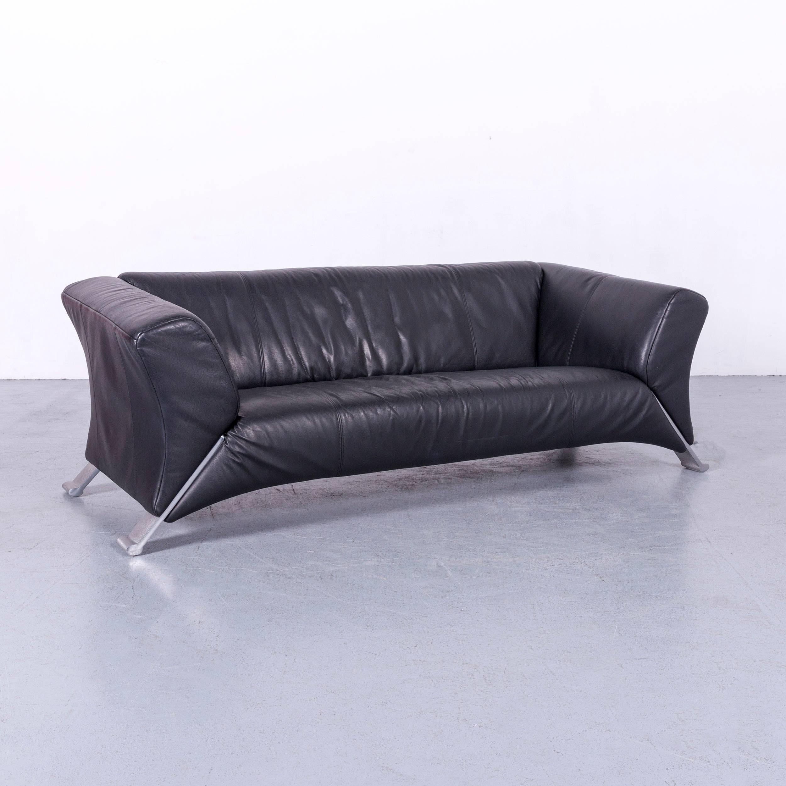 Rolf Benz 322 Designer Sofa Black Three-Seat Leather Modern Couch Metal Feet 1