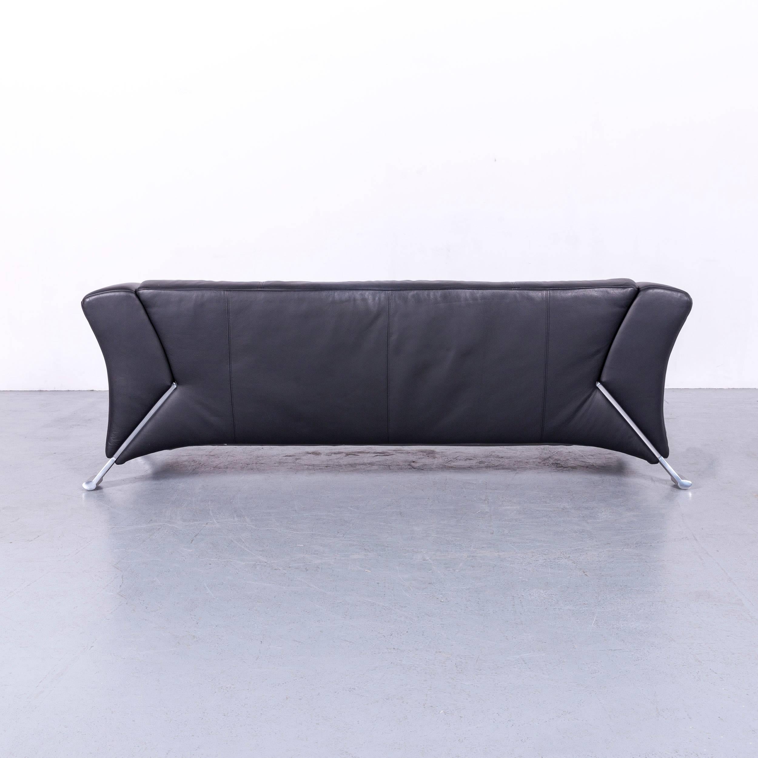 Rolf Benz 322 Designer Sofa Black Three-Seat Leather Modern Couch Metal Feet 3