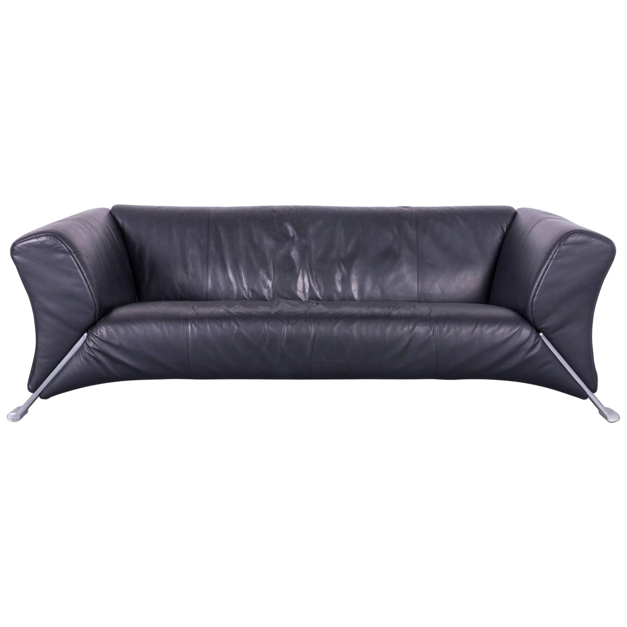Rolf Benz 322 Designer Sofa Black Three-Seat Leather Modern Couch Metal Feet