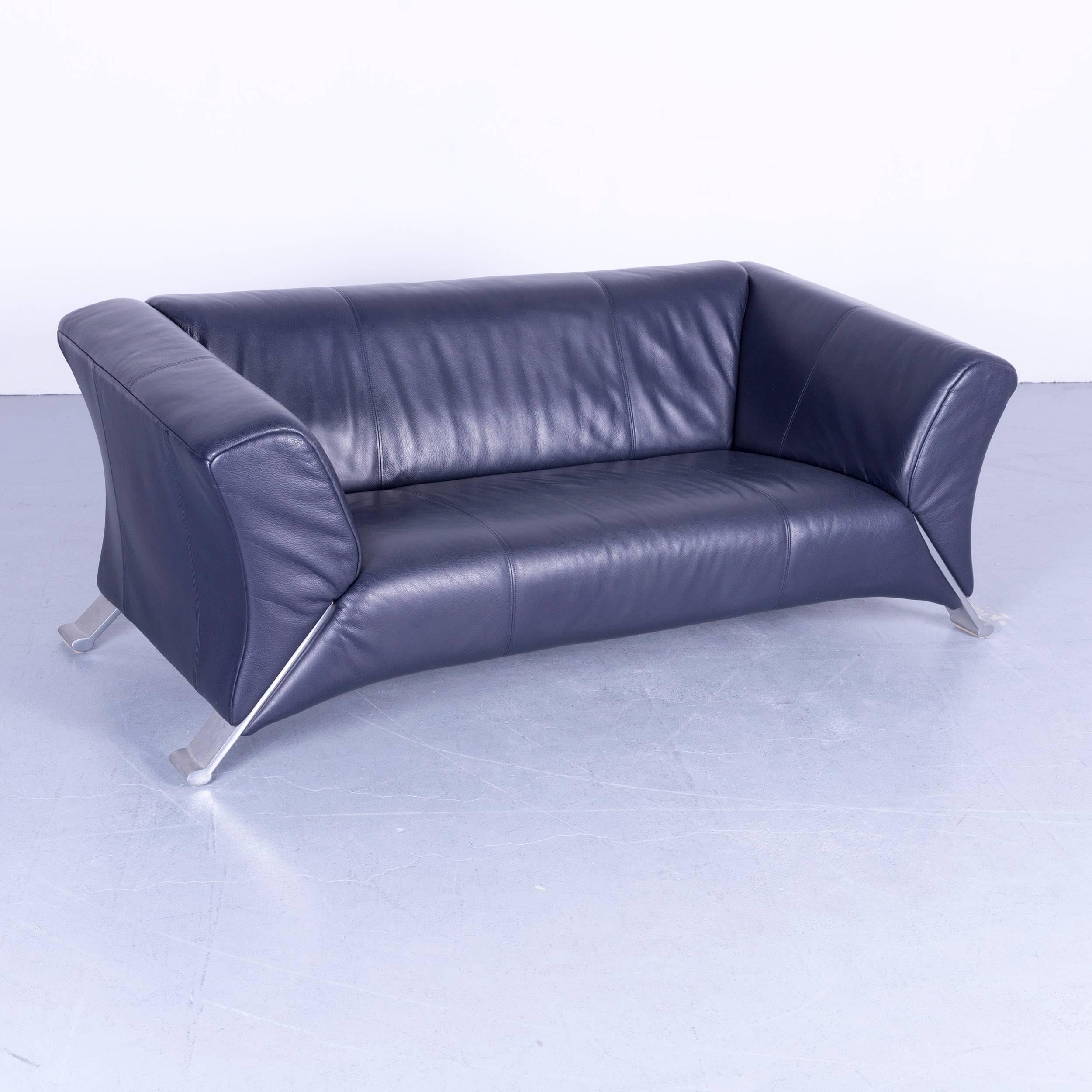 Rolf Benz 322 designer sofa blue two-seat leather modern couch metal feet.