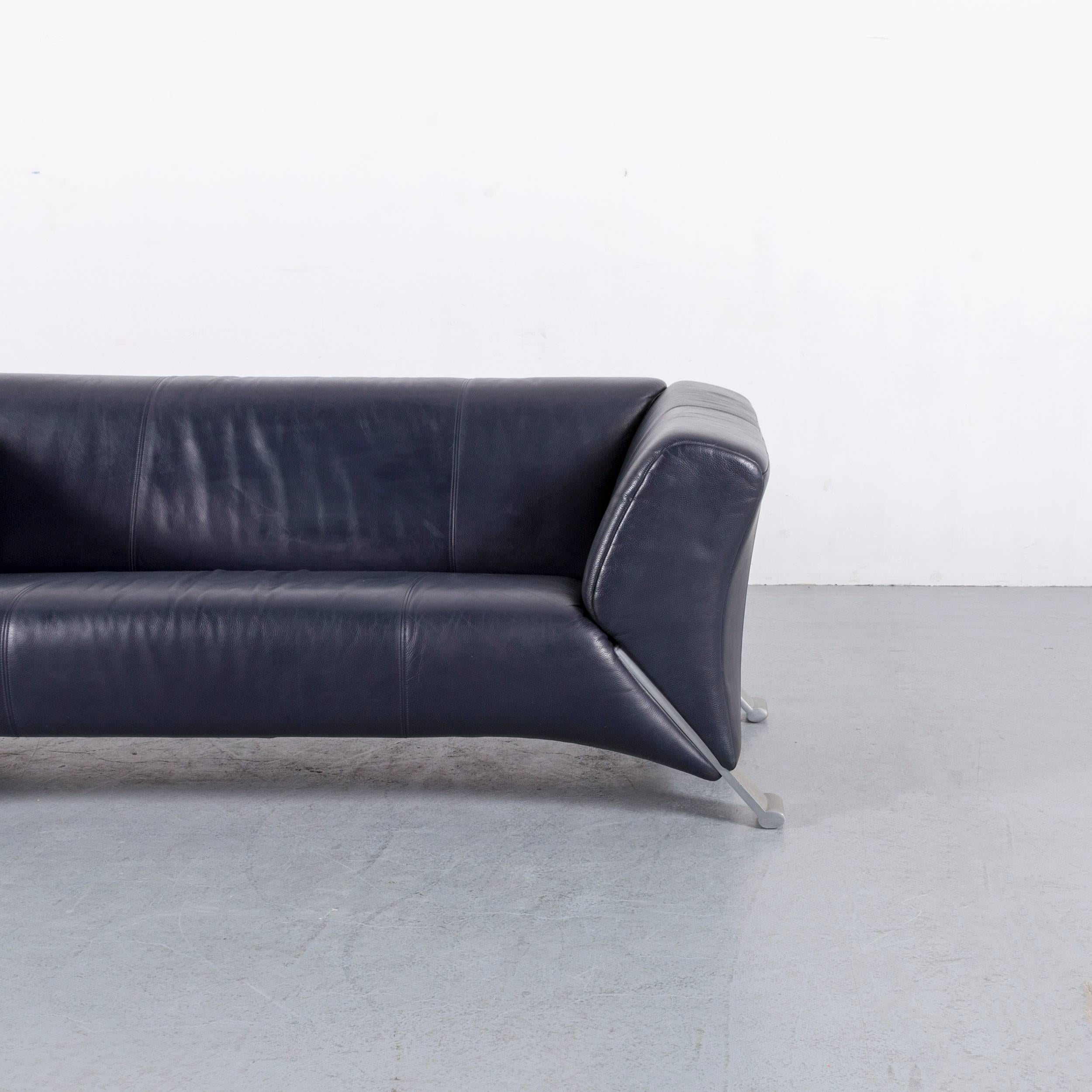 German Rolf Benz 322 Designer Sofa Dark Blue Two-Seat Leather Modern Couch Metal Feet