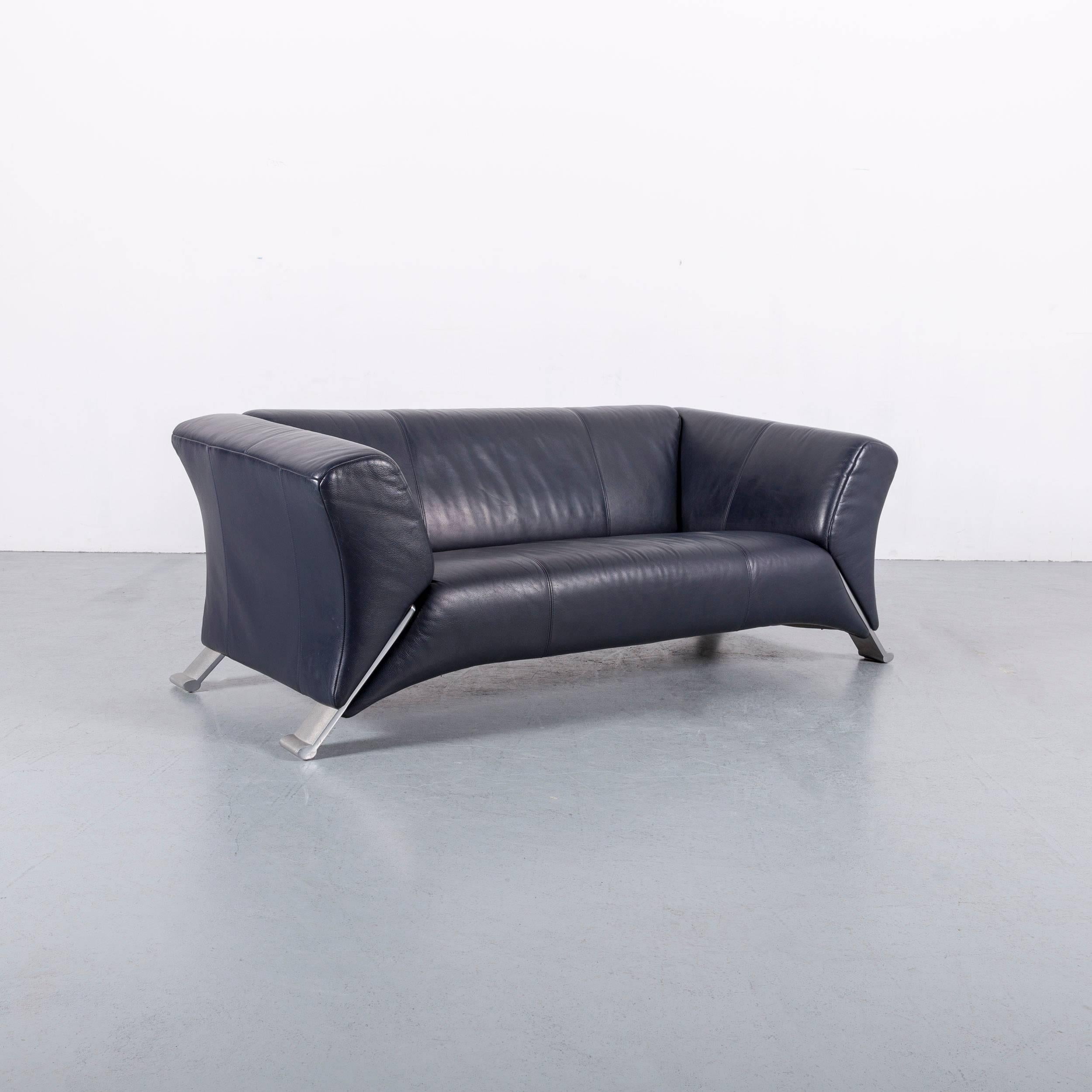 Rolf Benz 322 Designer Sofa Dark Blue Two-Seat Leather Modern Couch Metal Feet 1