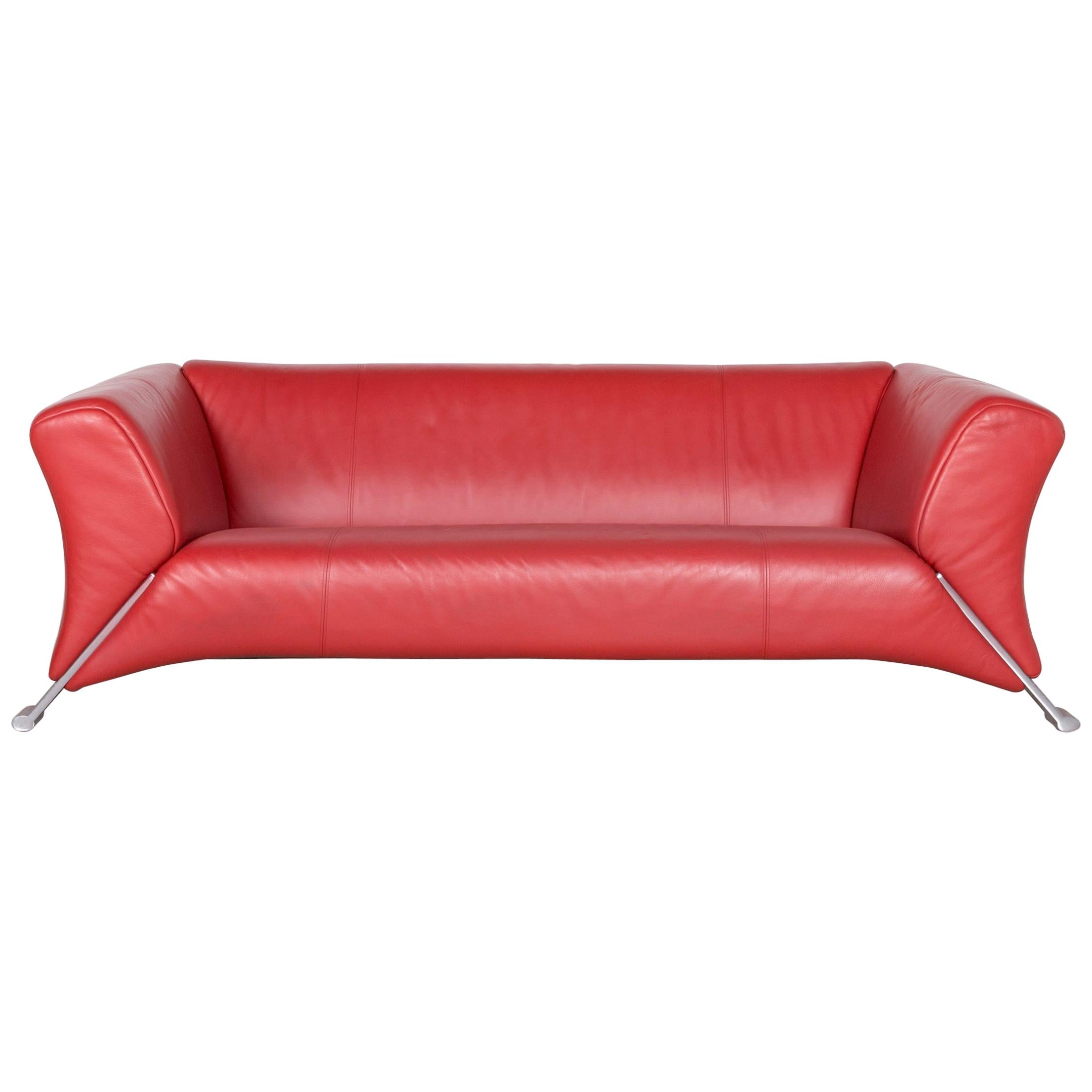 Rolf Benz 322 Designer Sofa Red Three-Seat Leather Couch