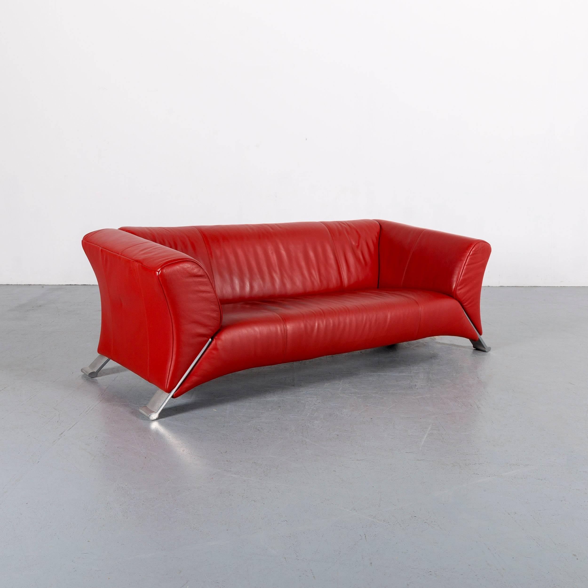 Rolf Benz 322 Designer Sofa Red Three-Seat Leather Modern Couch Metal Feet 1