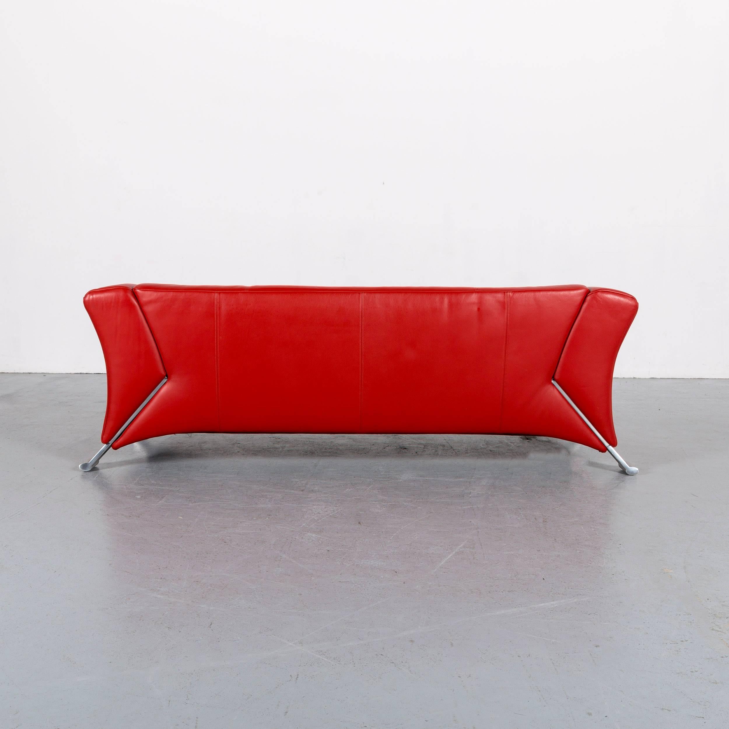Rolf Benz 322 Designer Sofa Red Three-Seat Leather Modern Couch Metal Feet 4