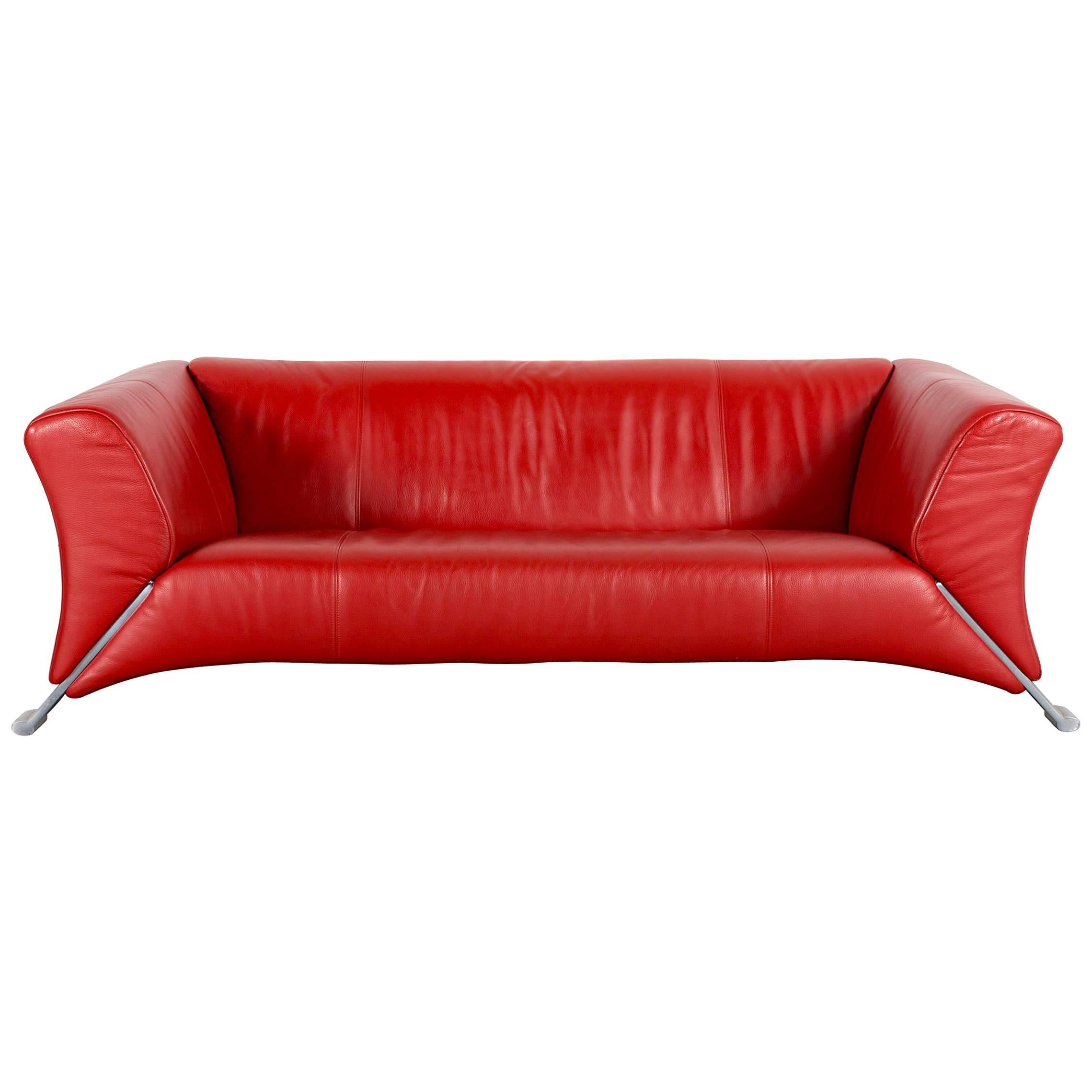 Rolf Benz 322 Designer Sofa Red Three-Seat Leather Modern Couch Metal Feet
