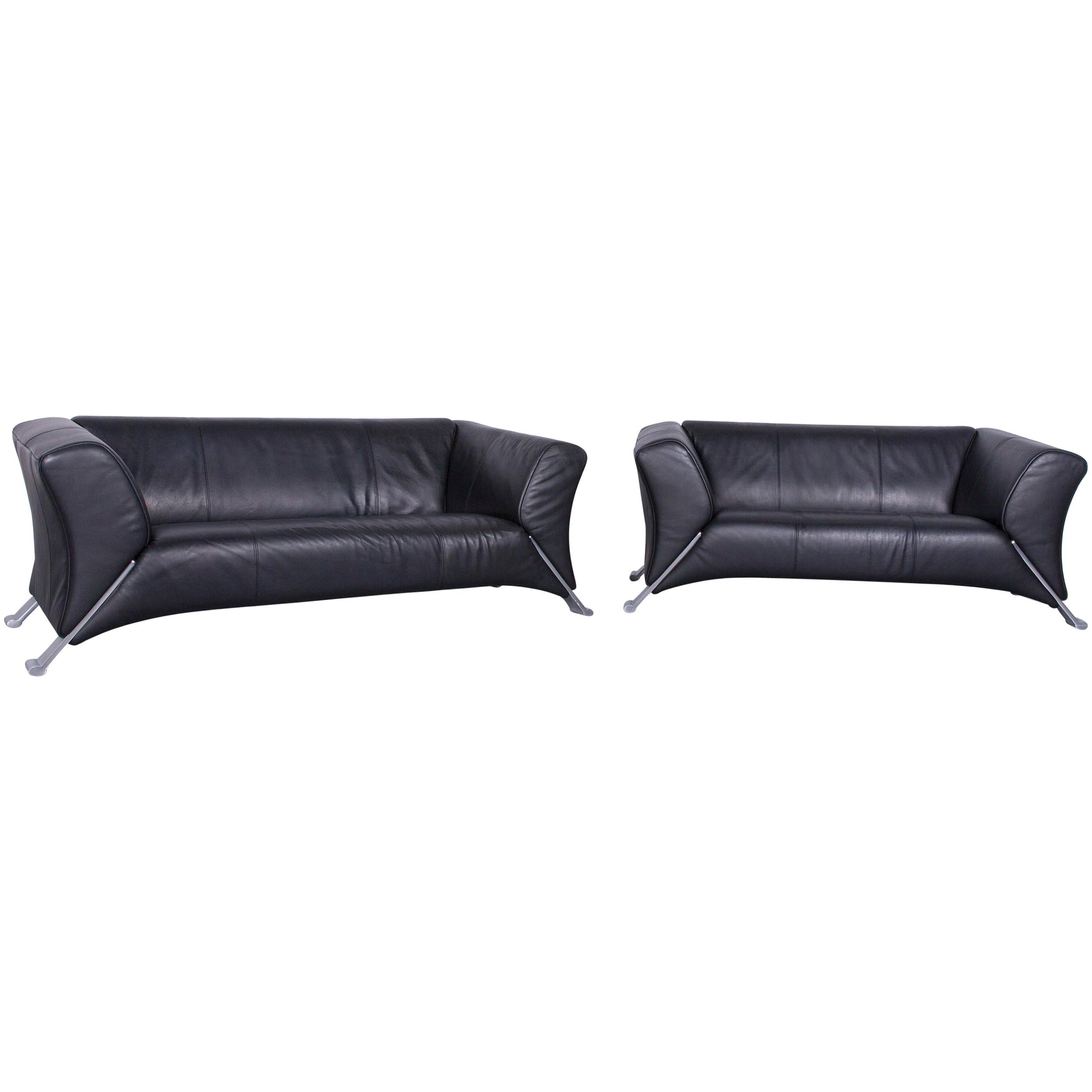 Rolf Benz 322 Designer Sofa Set Black Two-Seat Leather Couch