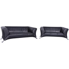 Rolf Benz 322 Designer Sofa Set Black Two-Seat Leather Couch