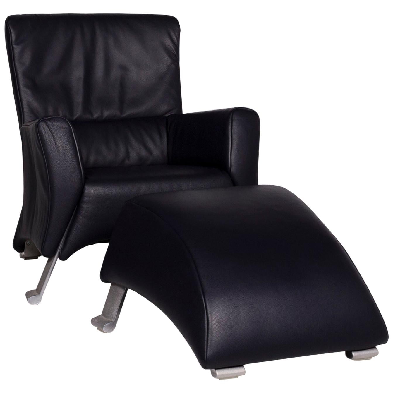 Rolf Benz 322 Leather Armchair Incl. Stool Dark Blue For Sale
