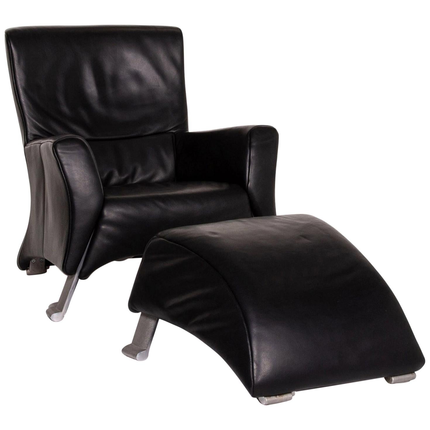 Rolf Benz 322 Leather Armchair Set Black 1 Armchair 1 Stool For Sale