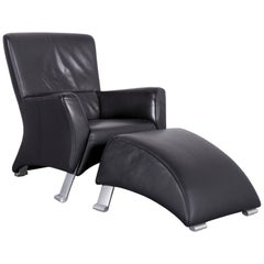 Rolf Benz 322 Leather Armchair Set Black One-Seater with Metal Feet and Bench