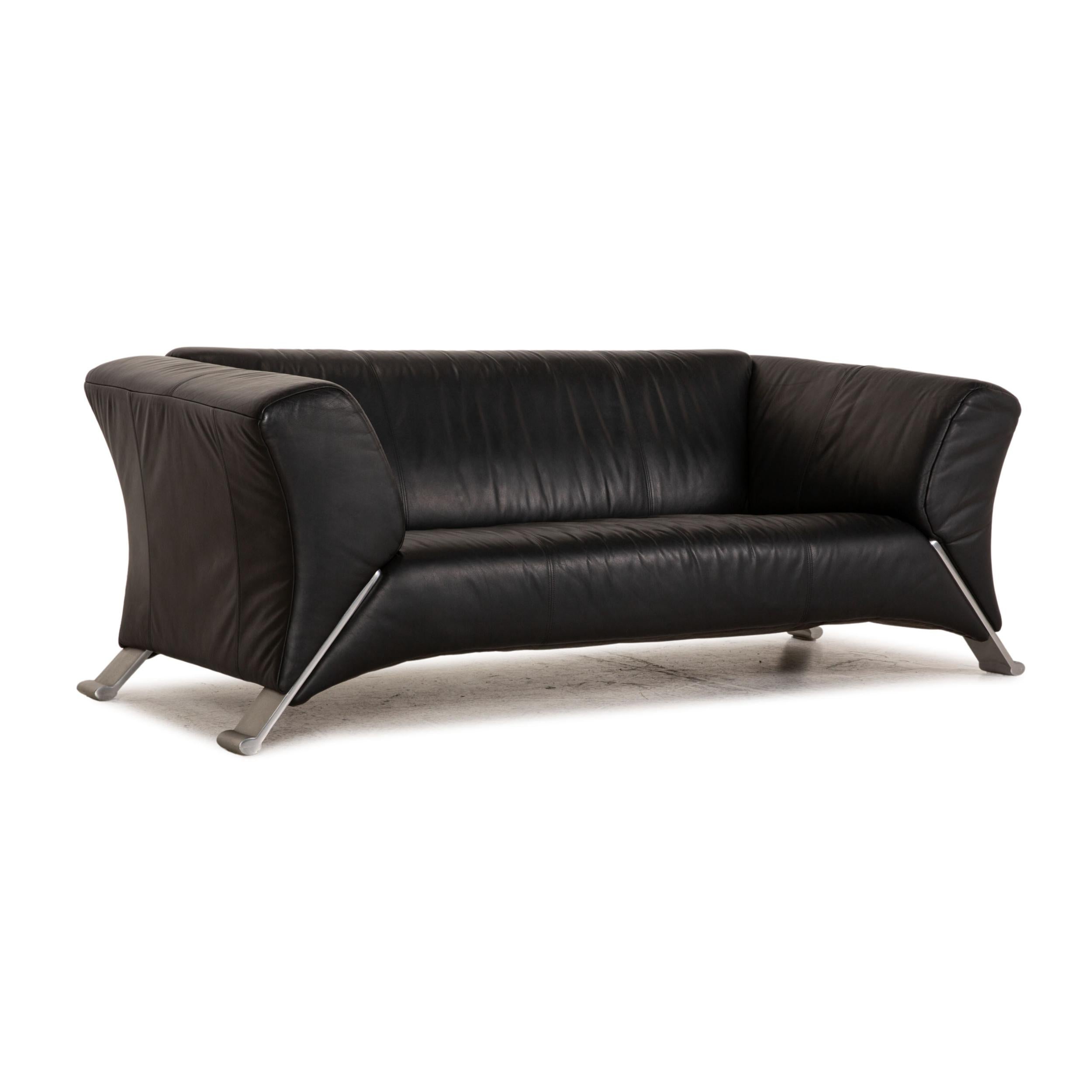 Rolf Benz 322 Leather Sofa Black 2x Three-Seater Couch For Sale 2