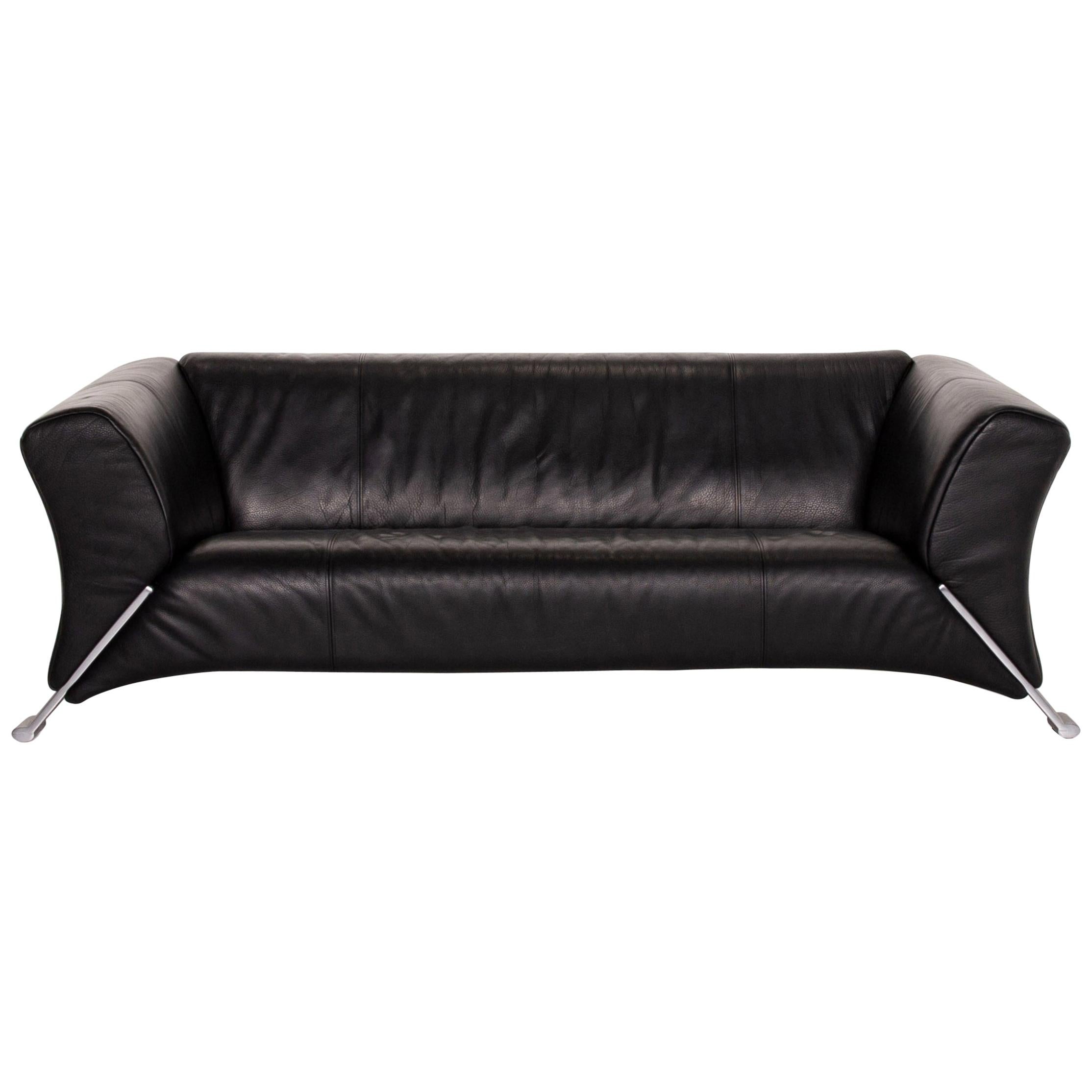 Rolf Benz 322 Leather Sofa Black Three-Seat Couch For Sale