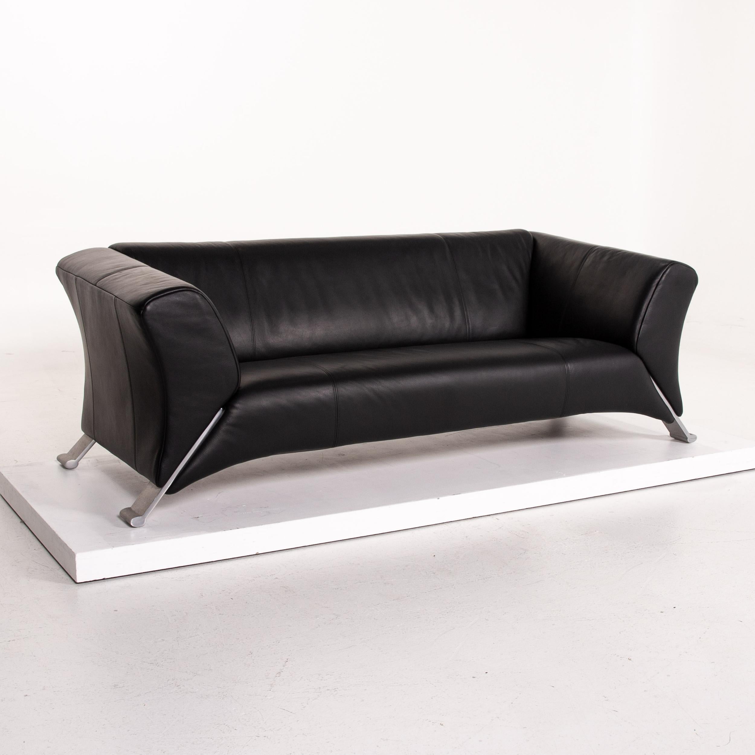 Contemporary Rolf Benz 322 Leather Sofa Black Three-Seat Couch