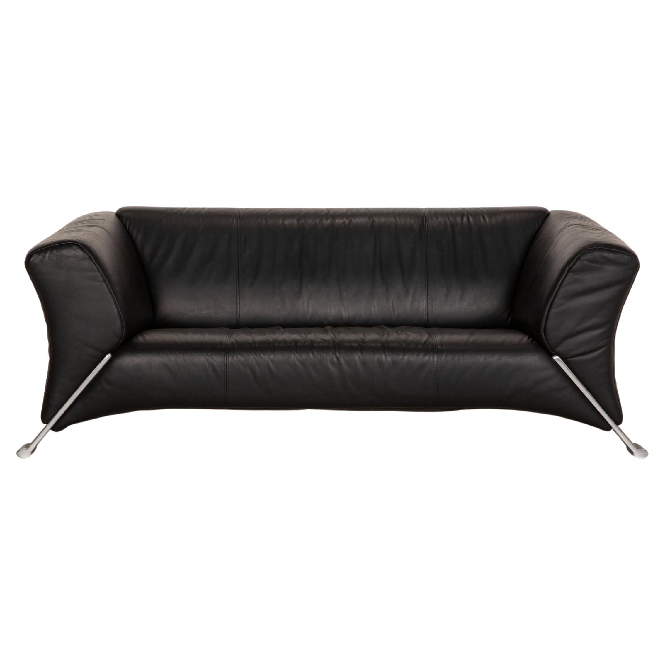Rolf Benz 322 Leather Sofa Black Three-Seater Couch For Sale