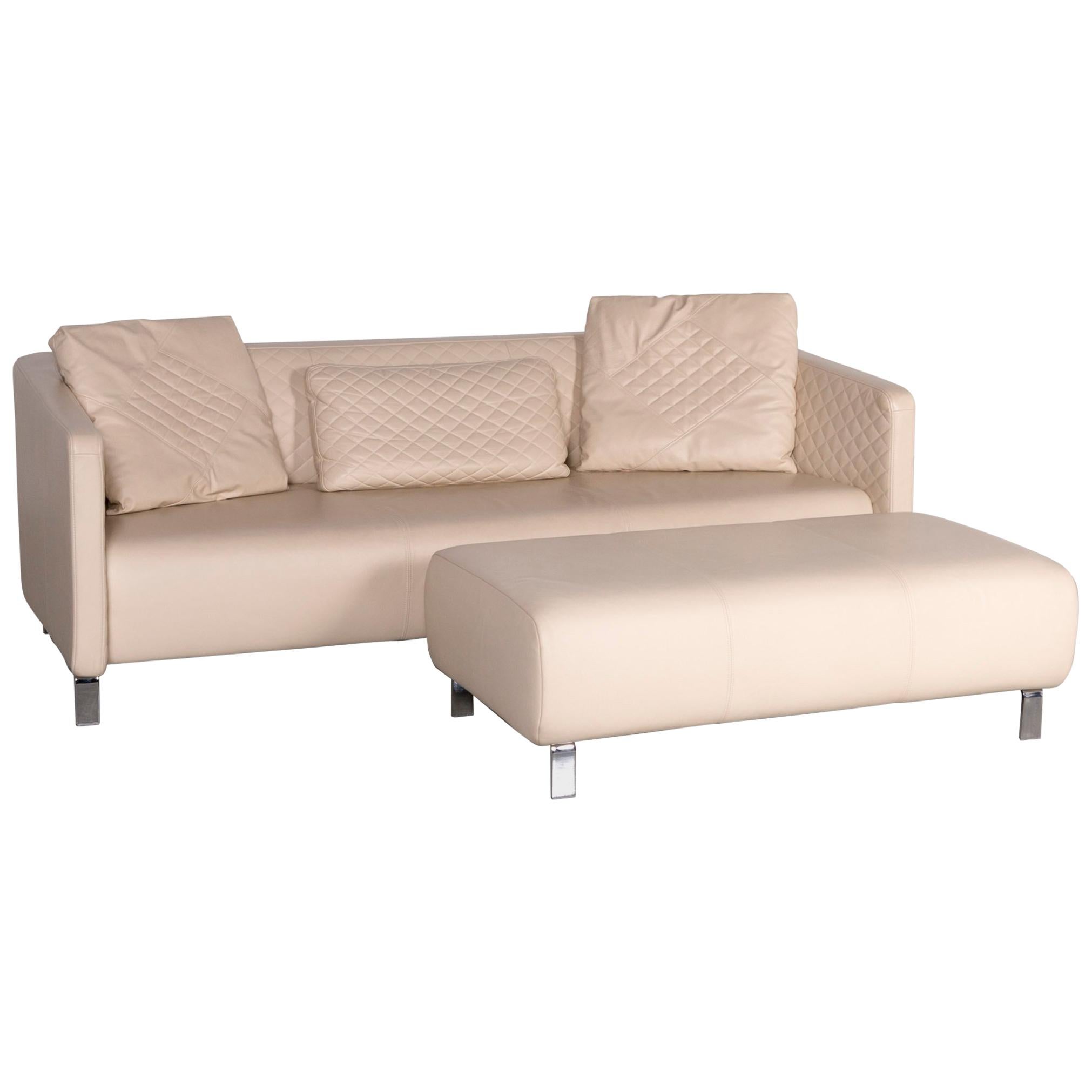 Rolf Benz 325 Designer Leather Sofa Footstool Set Beige Three-Seat Couch For Sale
