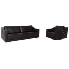 Rolf Benz 350 Leather Sofa Set Black 1 Two-Seat 1 Armchair