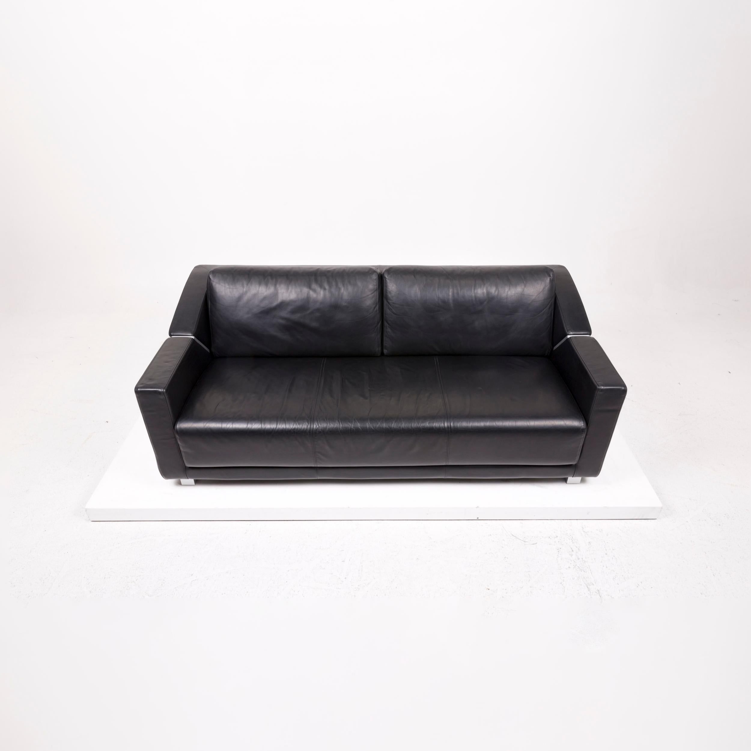 Contemporary Rolf Benz 350 Leather Sofa Set Black Three-Seat Couch