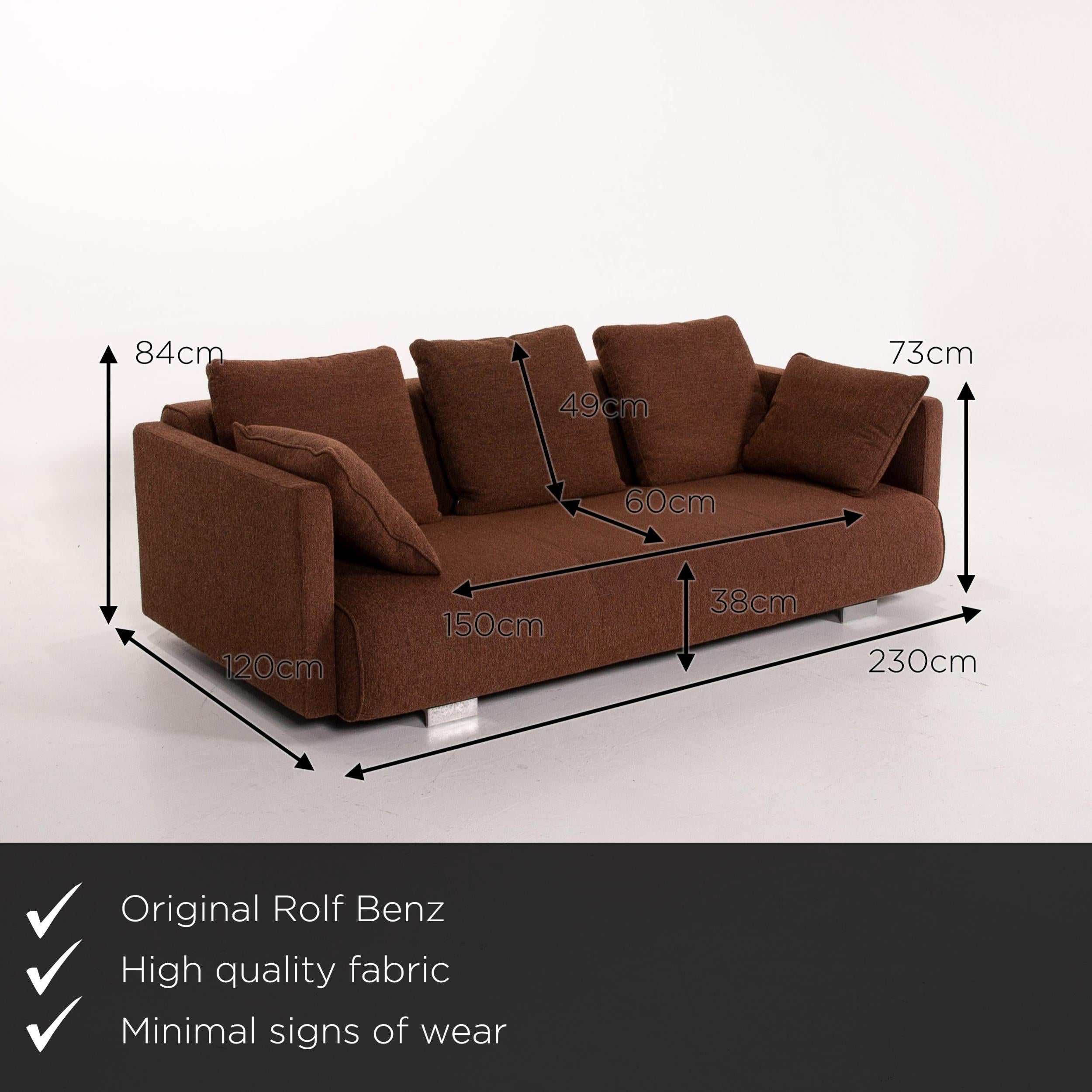 We present to you a Rolf Benz 6300 fabric sofa brown three-seat couch.

Product measurements in centimeters:

Depth 120
Width 230
Height 84
Seat height 38
Rest height 73
Seat depth 60
Seat width 150
Back height 49.



   