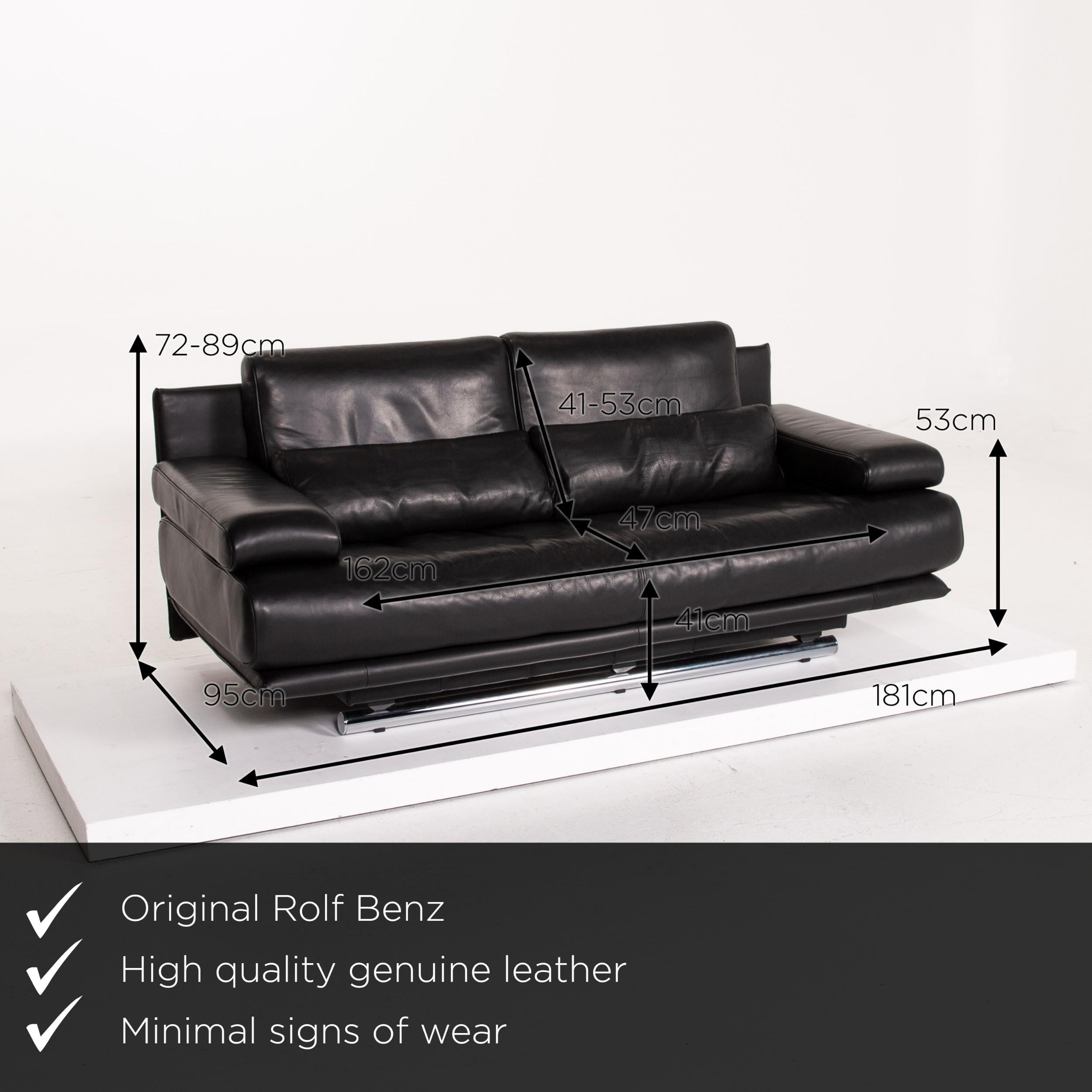 We present to you a Rolf Benz 6500 leather sofa black three-seat function couch.

 

 Product measurements in centimeters:
 

Depth 95
Width 181
Height 72
Seat height 41
Rest height 53
Seat depth 47
Seat width 132
Back height 41.