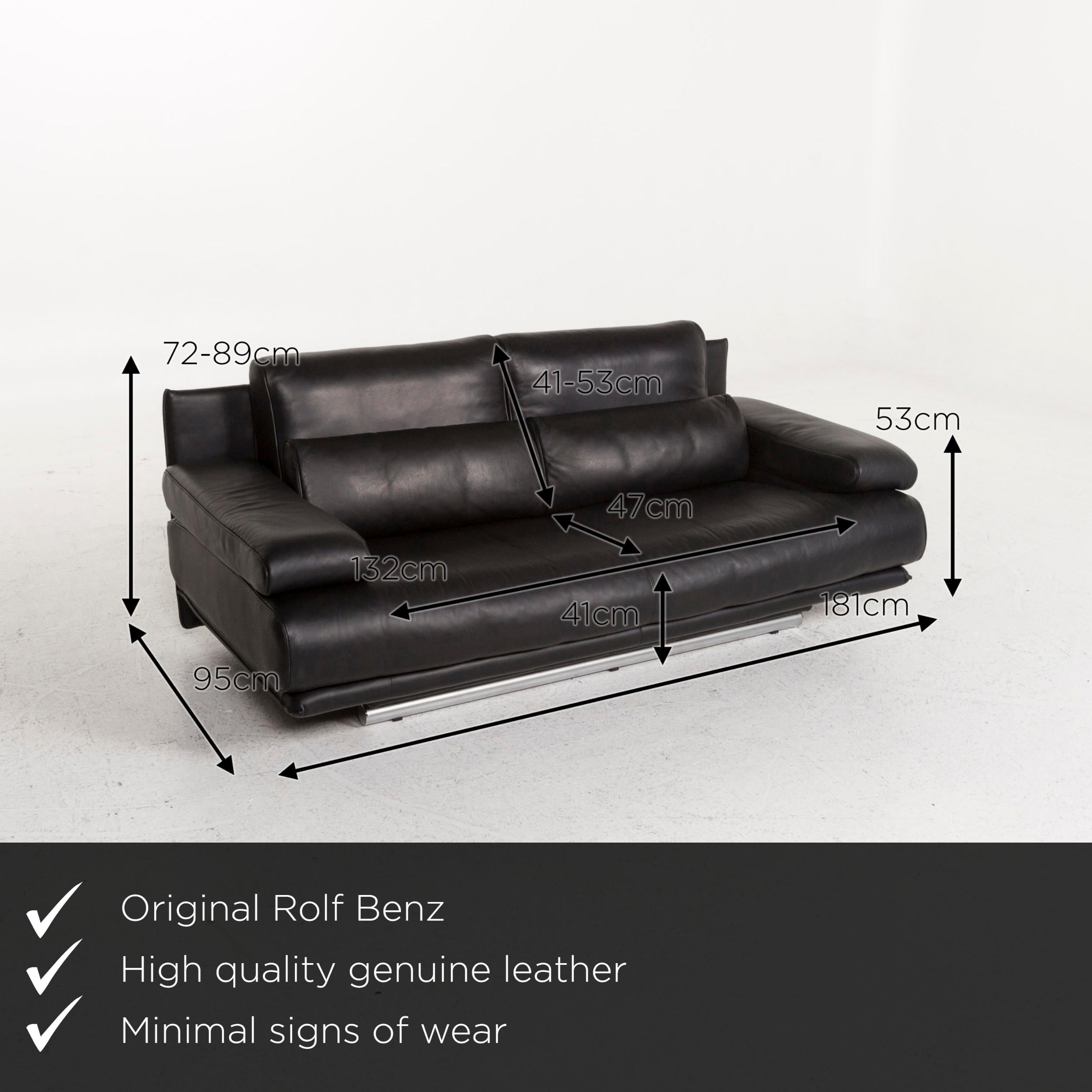 We present to you a Rolf Benz 6500 leather sofa black two-seat function couch.
   
 

 Product measurements in centimeters:
 

Depth 95
Width 181
Height 72
Seat height 41
Rest height 53
Seat depth 47
Seat width 132
Back height 41.