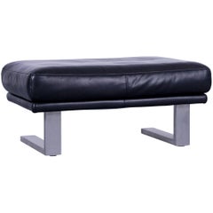 Rolf Benz 6600 Designer Footstool Black Leather Footrest Pouf with Metal Feet