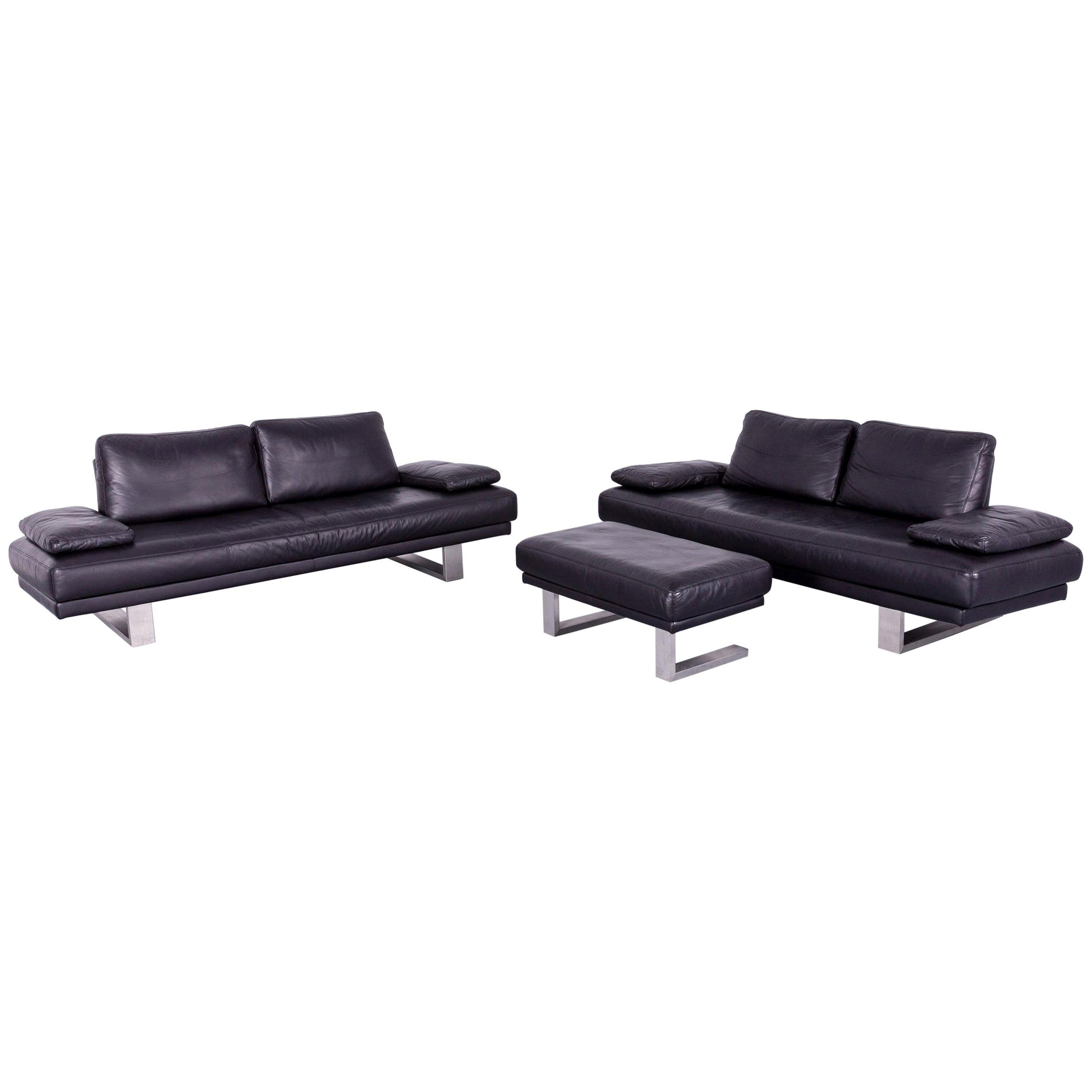 Rolf Benz 6600 Designer Leather Sofa Set with Footstool Black Couch Modern For Sale