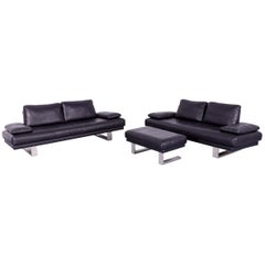 Rolf Benz 6600 Designer Leather Sofa Set with Footstool Black Couch Modern