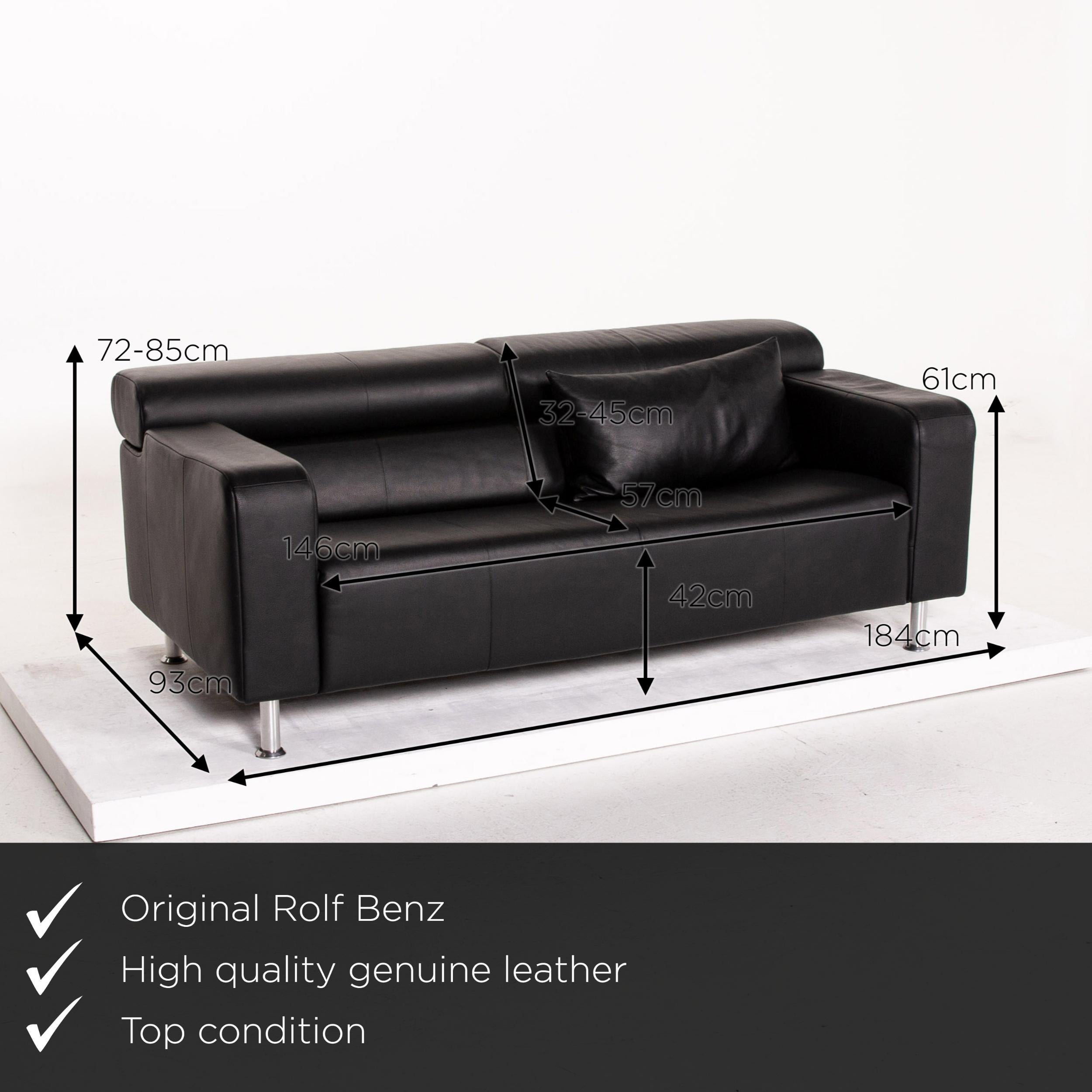 We present to you a Rolf Benz AK 422 leather sofa black three-seat couch.
 

 Product measurements in centimeters:
 

Depth 93
Width 184
Height 72
Seat height 42
Rest height 61
Seat depth 57
Seat width 146
Back height 32.
 