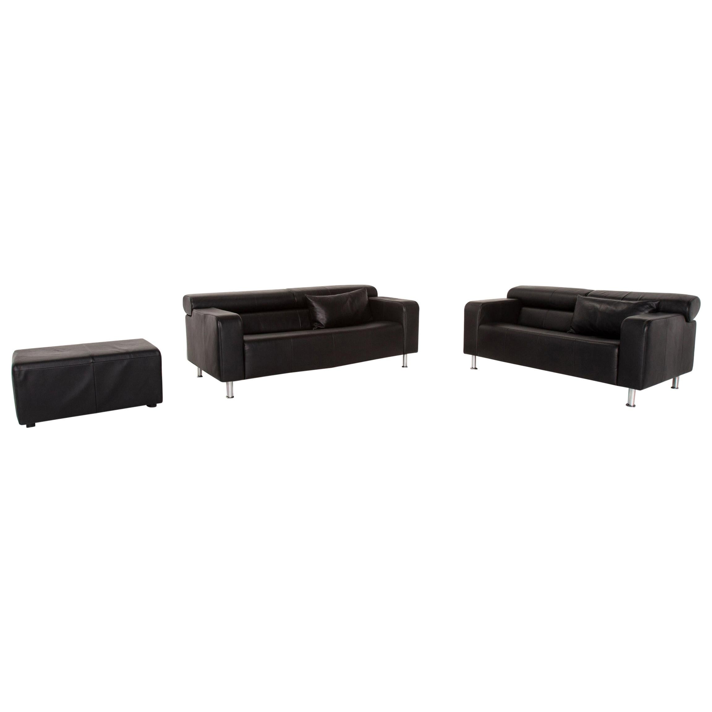 Rolf Benz AK 422 Leather Sofa Black Three-Seat Couch For Sale