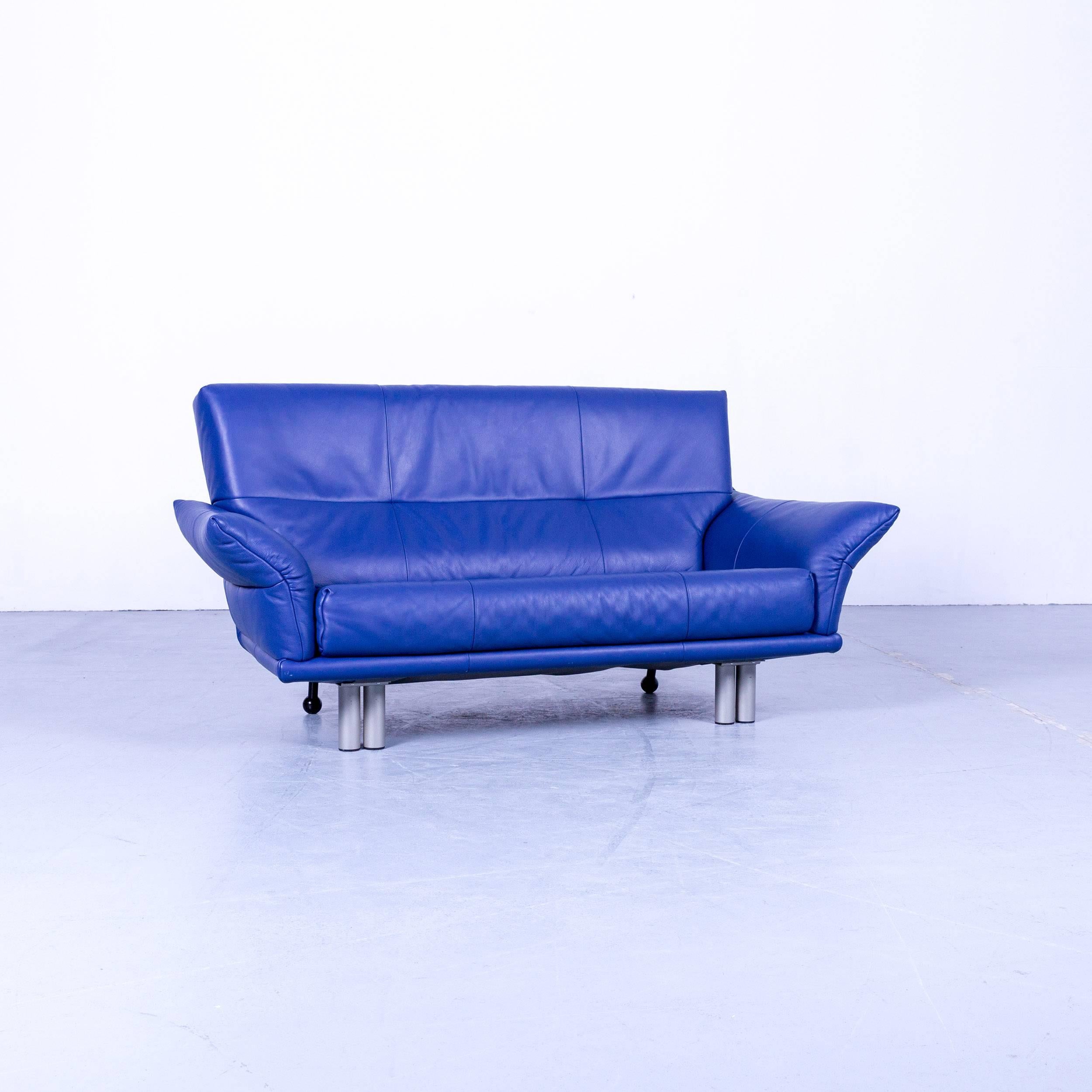 Rolf Benz bmp designer sofa leather blue two-seat couch modern in a minimalistic and modern design, made for pure comfort in Germany.