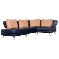 Rolf Benz Designer Leather Corner Sofa Blue