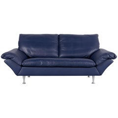 Rolf Benz Designer Sofa Leather Blue Two-Seat Couch